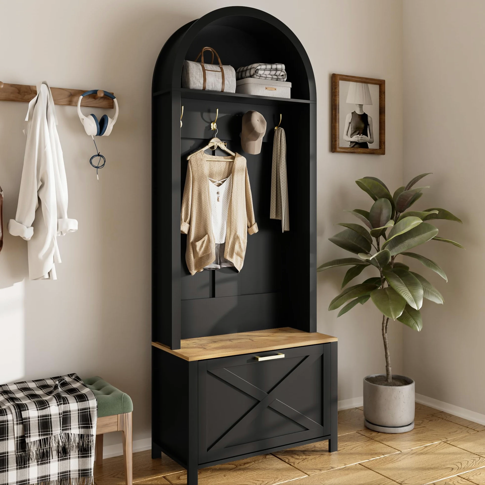 Merax Set di appendiabiti per corridoio, guardaroba compatto, multifunzionale, con scarpiera, ripiano e gancio, per ingresso, nero, 75 x 35 x 195 cm