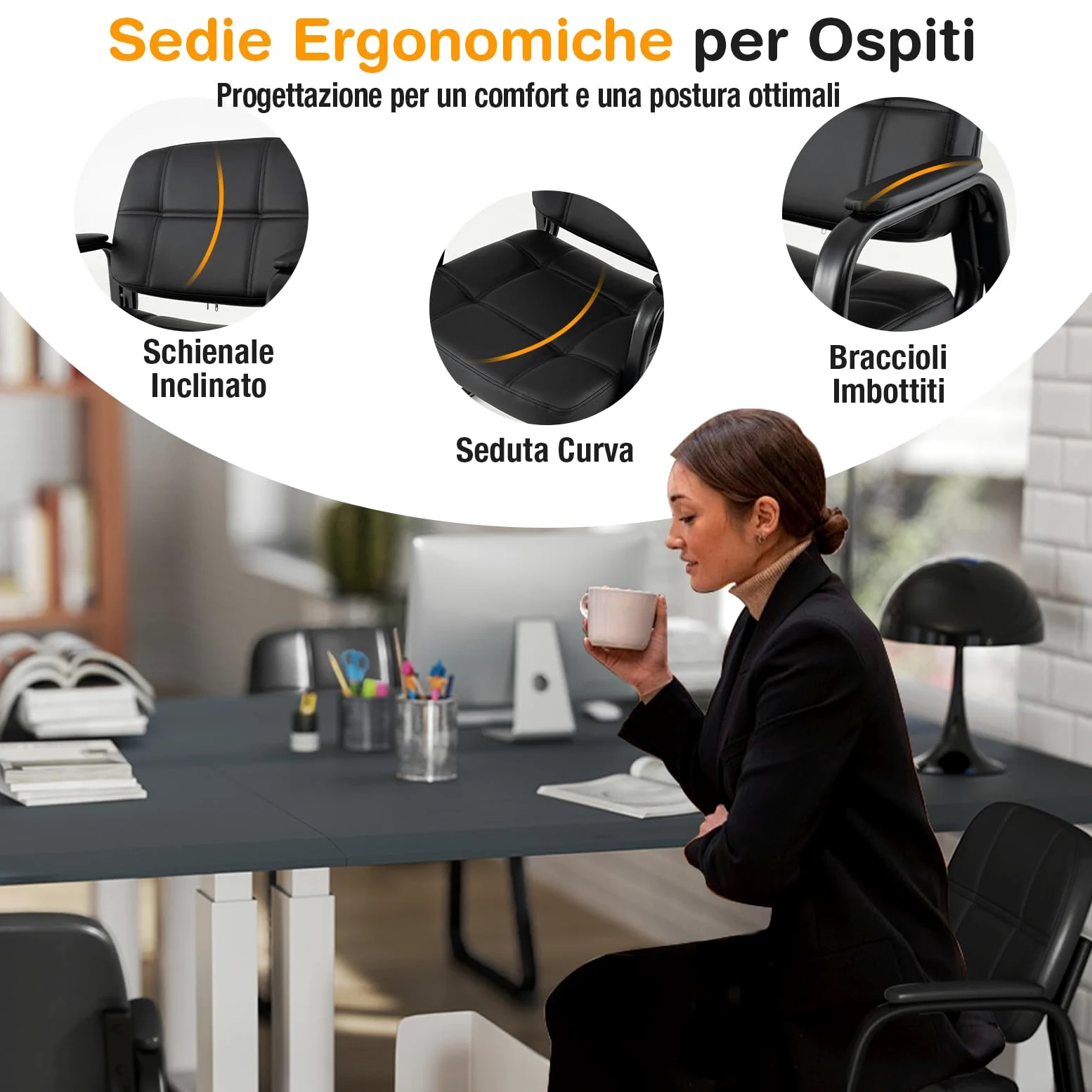 COSTWAY Set di 2 Sedie da Ufficio, Sedia per Sala d'Attesa con Struttura in Metallo, Braccioli Imbottiti, Sedia da Ospiti per Ufficio Riunioni, Portata 120 kg, Nero