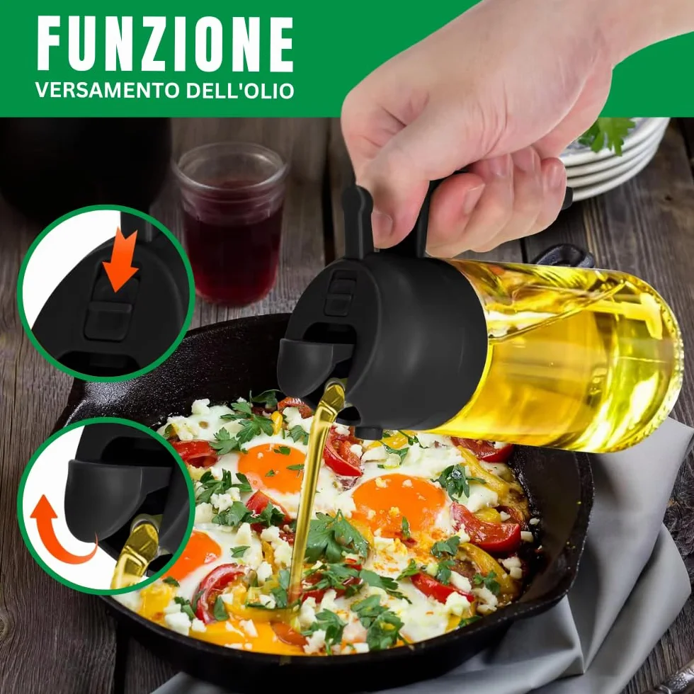 Spruzzino Dosatore Olio in Vetro 2 in 1 470ml Nero | Spruzzatore Olio per Cucina e Barbecue