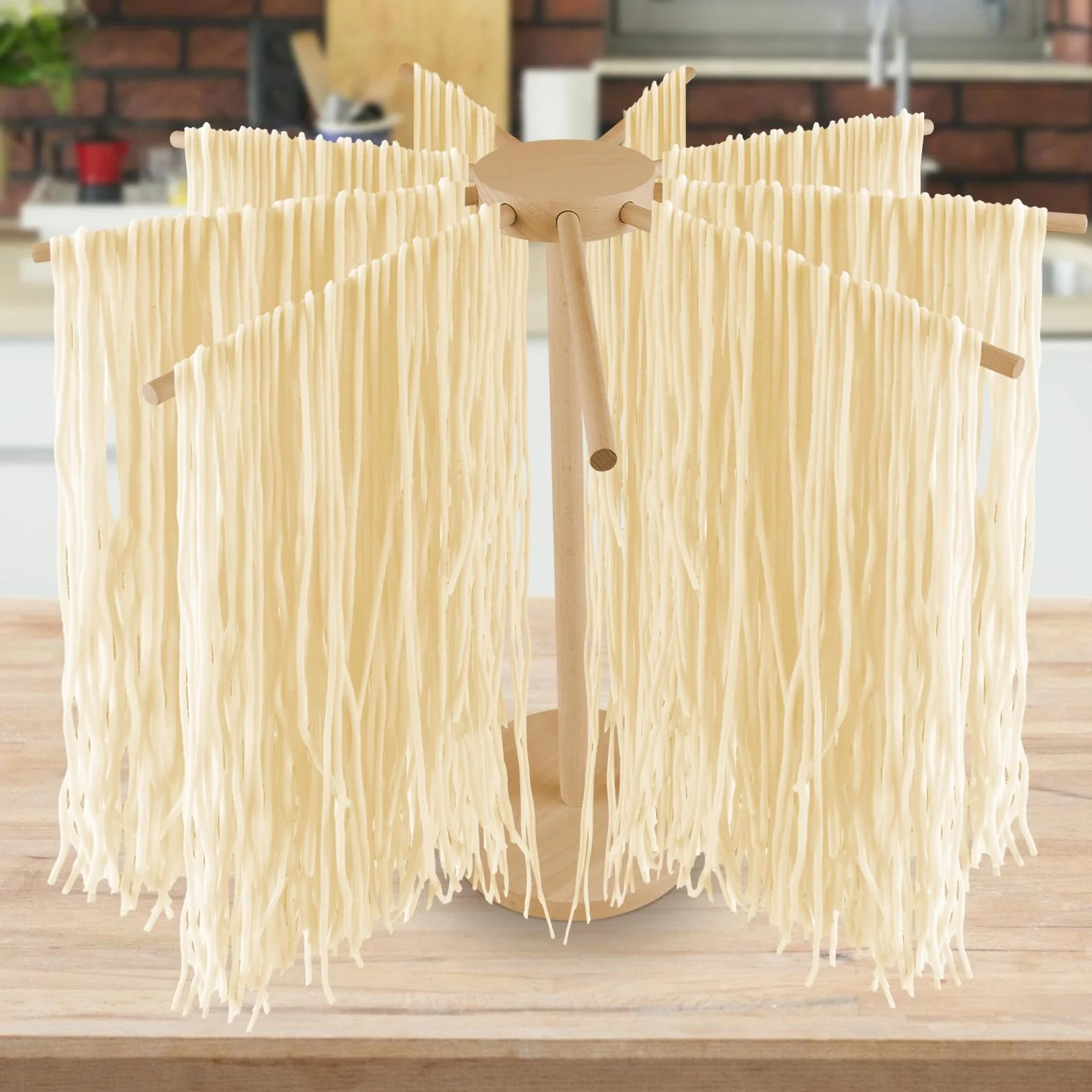 Stendino per la pasta in legno: Stendino per pasta pieghevole in legno con 9 bracci rimovibili per fino a 4,5 kg, supporto per pasta riutilizzabile e versatile con base pieghevole per pasta