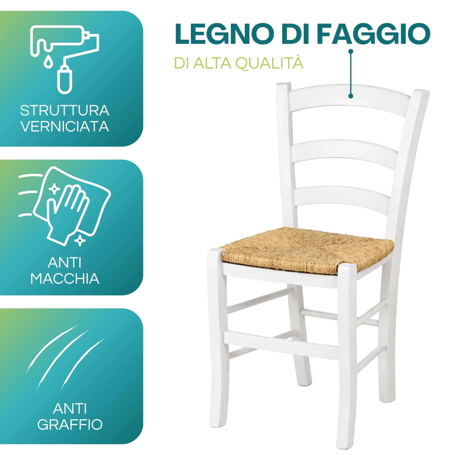 VIRSUS Set 4 Sedie Paesana in Legno con Seduta in Paglia, Misura 43x42x86 cm, Sedia Tradizionale Robusta, per Casa, Cucina, Agriturismo, Ristorante, Made in Italy (Bianco)
