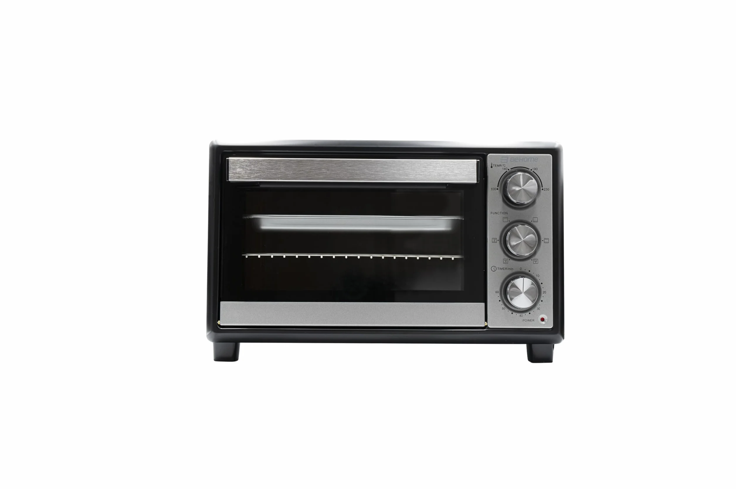BEHOME Forno Elettrico Ventilato Piccolo 48L da tavolo, Temperatura fino a 230°, Timer 60 min, Forno elettrico da tavolo con griglia, teglia e sollevatore griglia inclusi, antiaderente, doppio vetro