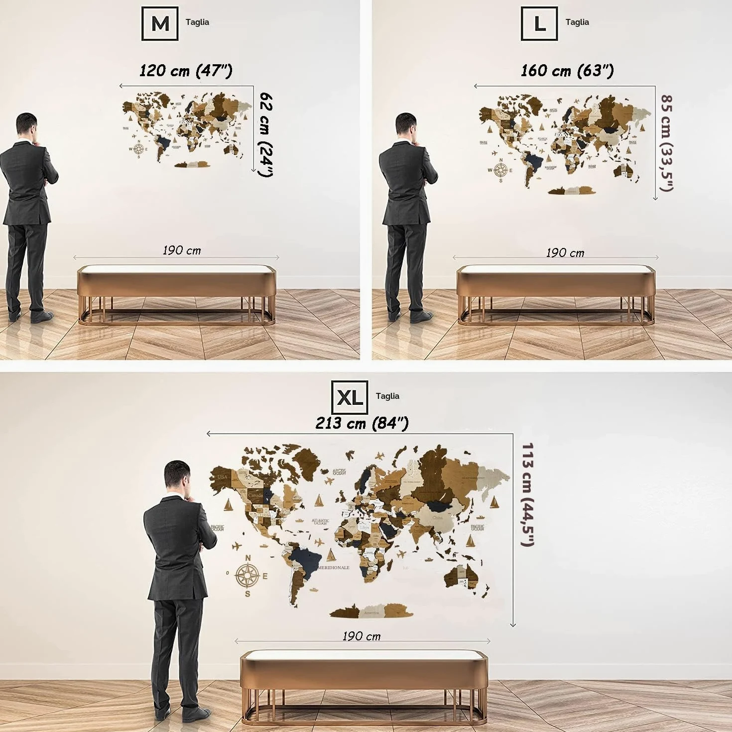 WoodLeo Mappa del mondo in legno,grande decorazione da parete in 3D,dimensioni (M & L & XL),idea regalo per ogni occasione,decorazione da parete per casa,cucina o ufficio