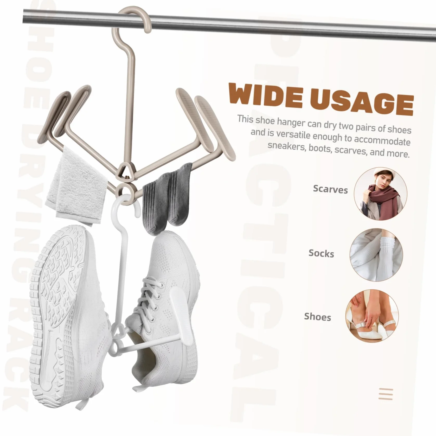 Appendino Per Scarpe e Stendibiancheria Per Asciugatrice in Plastica Bianco e Beige, Supporto Per Asciugare Scarpe e Stivali Salvaspazio, Ganci Per Armadio e Ingresso, Set Da 2 Pezzi