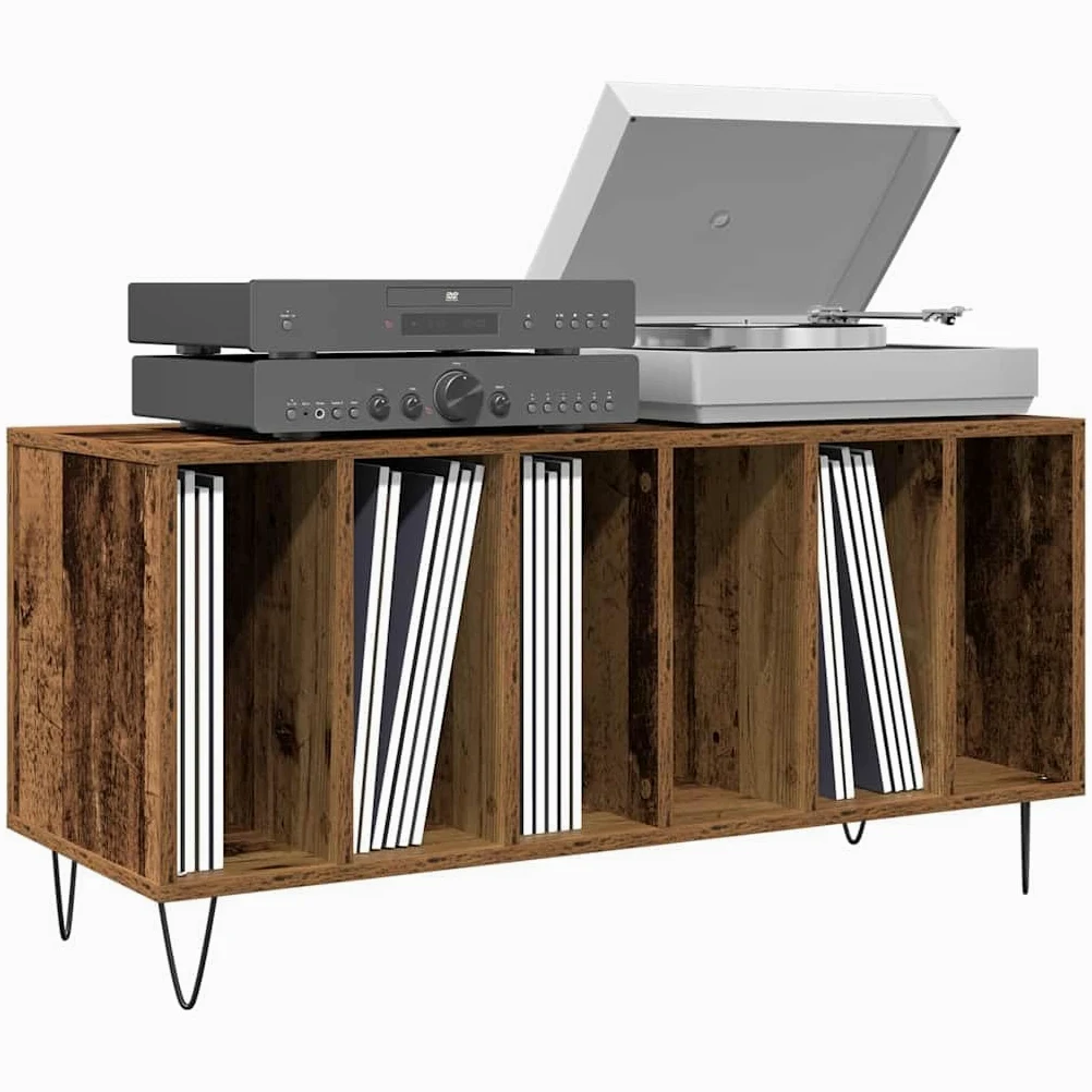 Armadio per dischi in legno anticato, 100 x 38 x 48 cm, con 6 ripiani e gambe in acciaio, per soggiorno, conservazione e ordine di vinile, CD, DVD, ricevitori, router