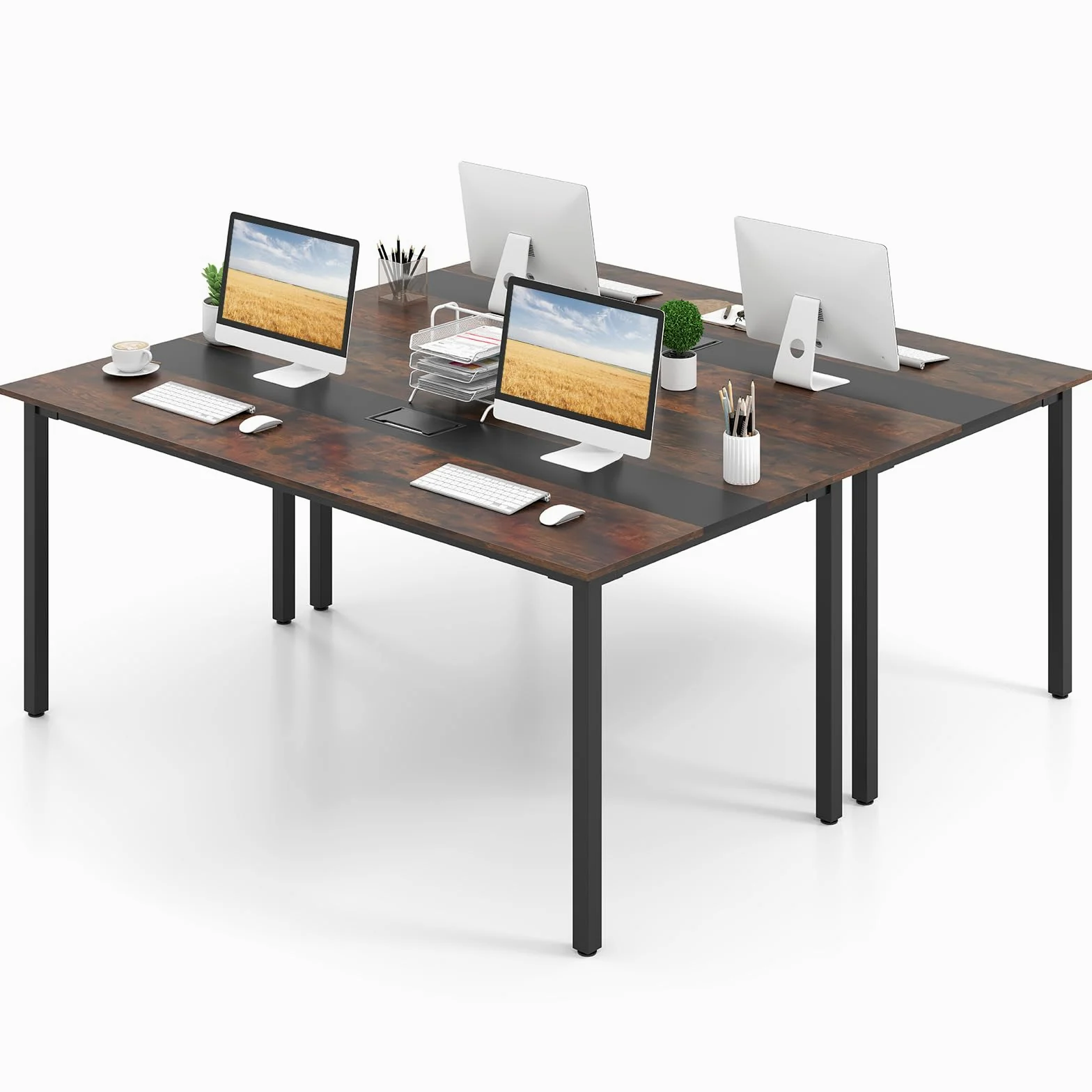 GYMAX Tavolo Discussioni di Gruppo per 8-10 Persone, Sistema di Gestione dei Cavi, Grande Scrivania Rettangolare per Riunioni in Ufficio, Sala Conferenze, 180 x 90 x 75,5 cm, Stile Industriale