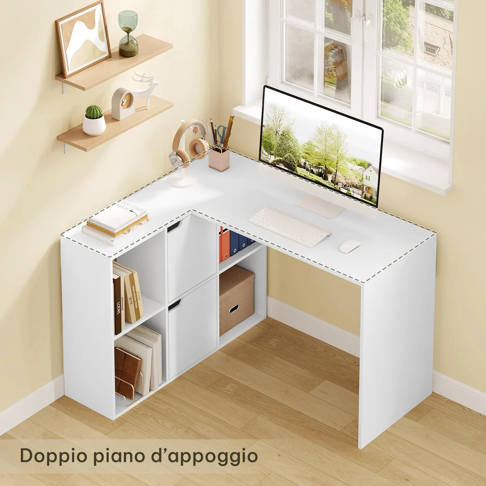 eSituro Scrivania Angolare a L con Libreria, 120 x 100 cm, Bianca | 4 Scomparti Libreria, 2 Armadi, Doppio Piano, per Computer e Studio