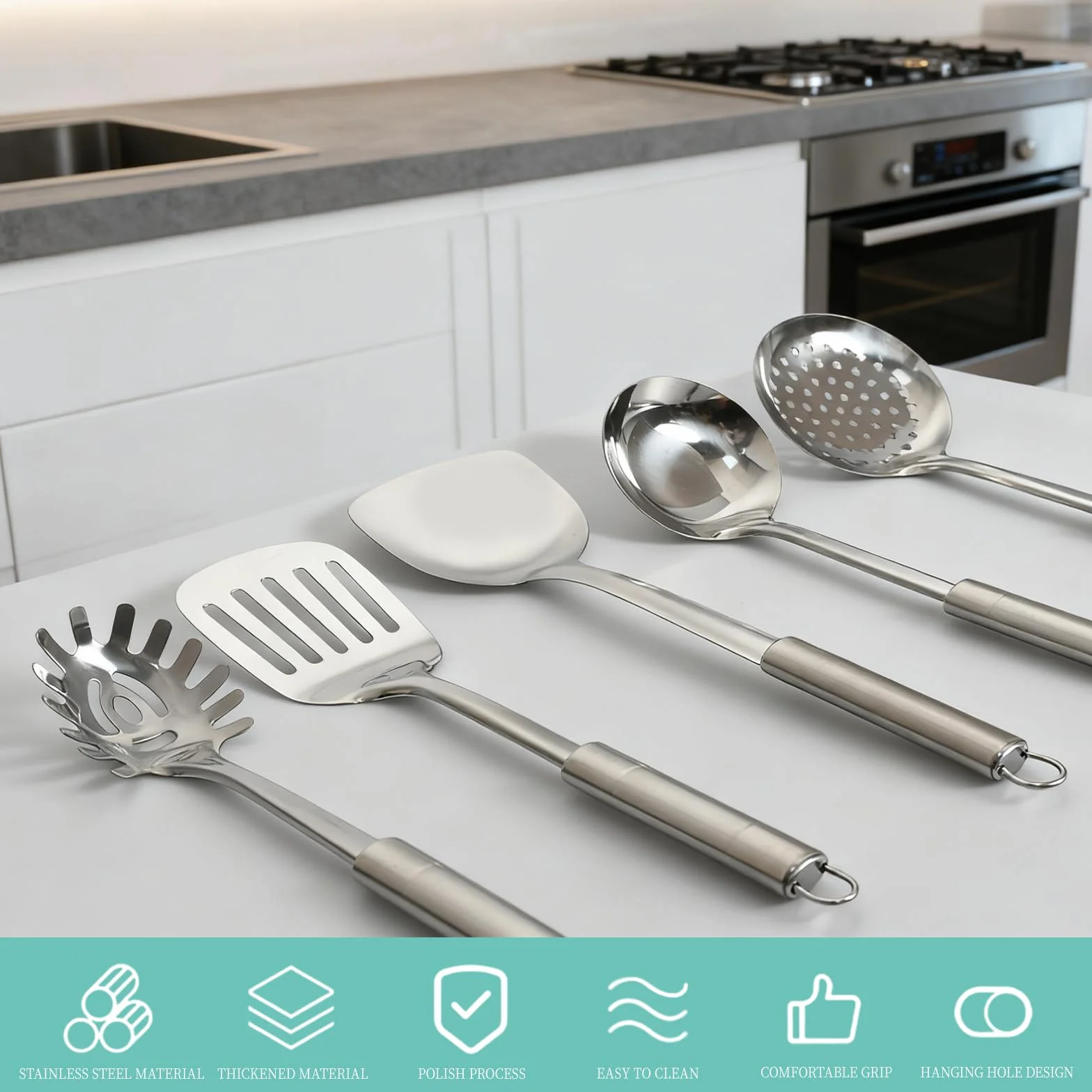 Zestaw 5 Sztuk Utensyli Kuchennych ze Stali Nierdzewnej - Mestolo, Spaghetti, Schiumarola, Spatola