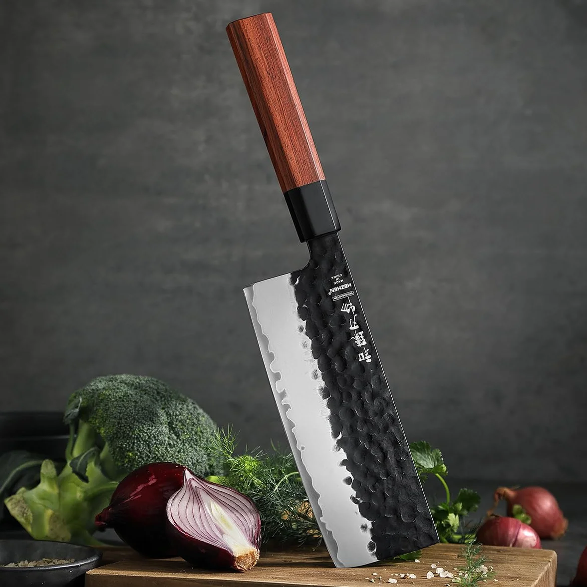 HEZHEN Coltello Nakiri Giapponese Multiuso per Affettare Carne e Verdure, Manico Ergonomico Ottagonale in Legno di Sequoia