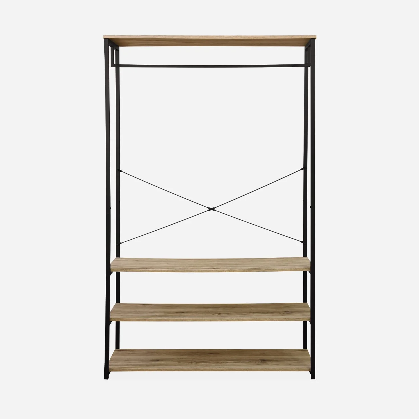 Spogliatoio, guardaroba, arredamento in metallo nero e legno, soppalco, 3 ripiani, un binario per armadio L 100 x L 40 x H 167cm