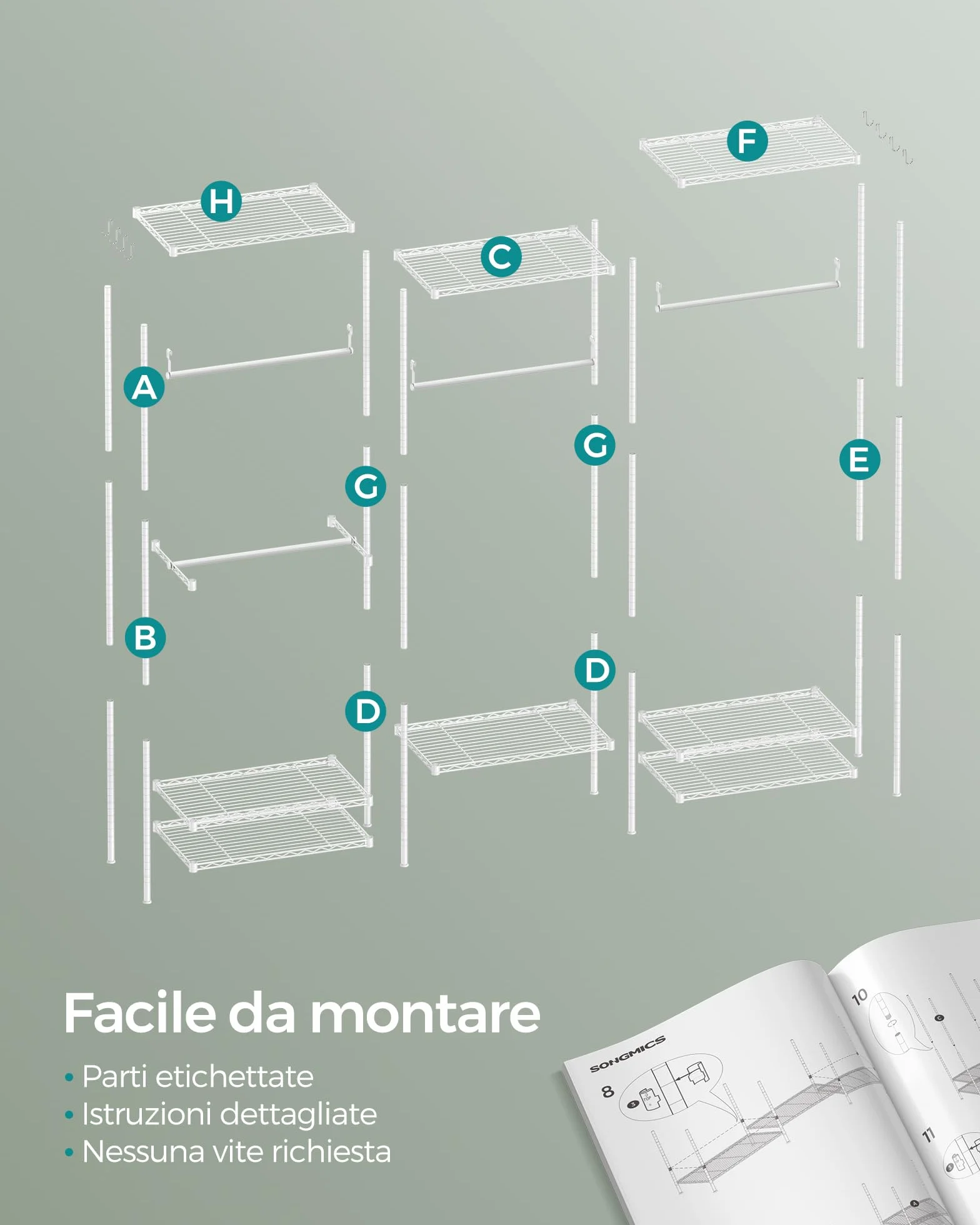 SONGMICS Armadio Guardaroba in Metallo con Ripiani Regolabili e Barre Appendiabiti Bianco Nuvola LGR431W01
