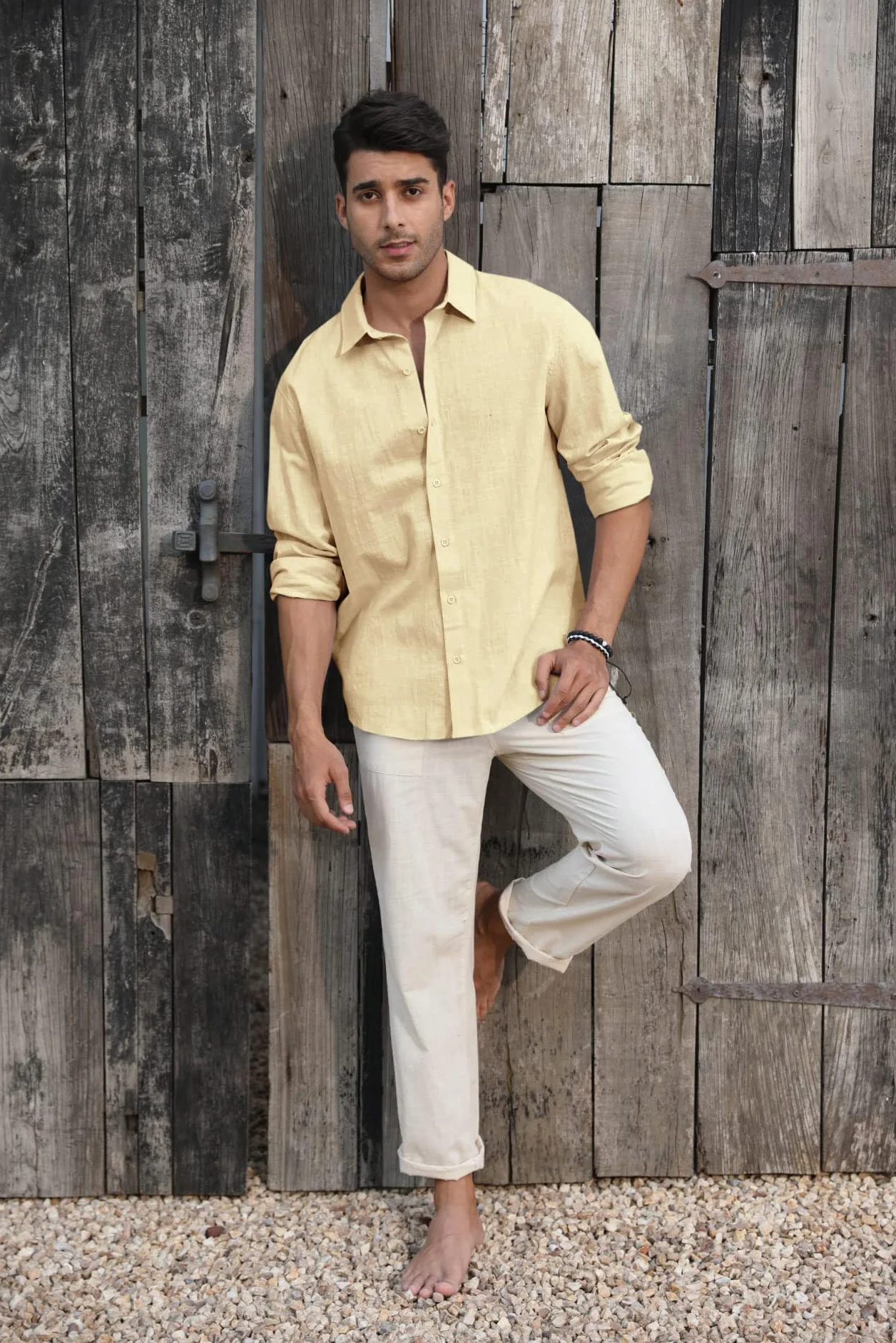 Runcati Camicia da Uomo in Lino a Maniche Lunghe con Colletto Rovesciato