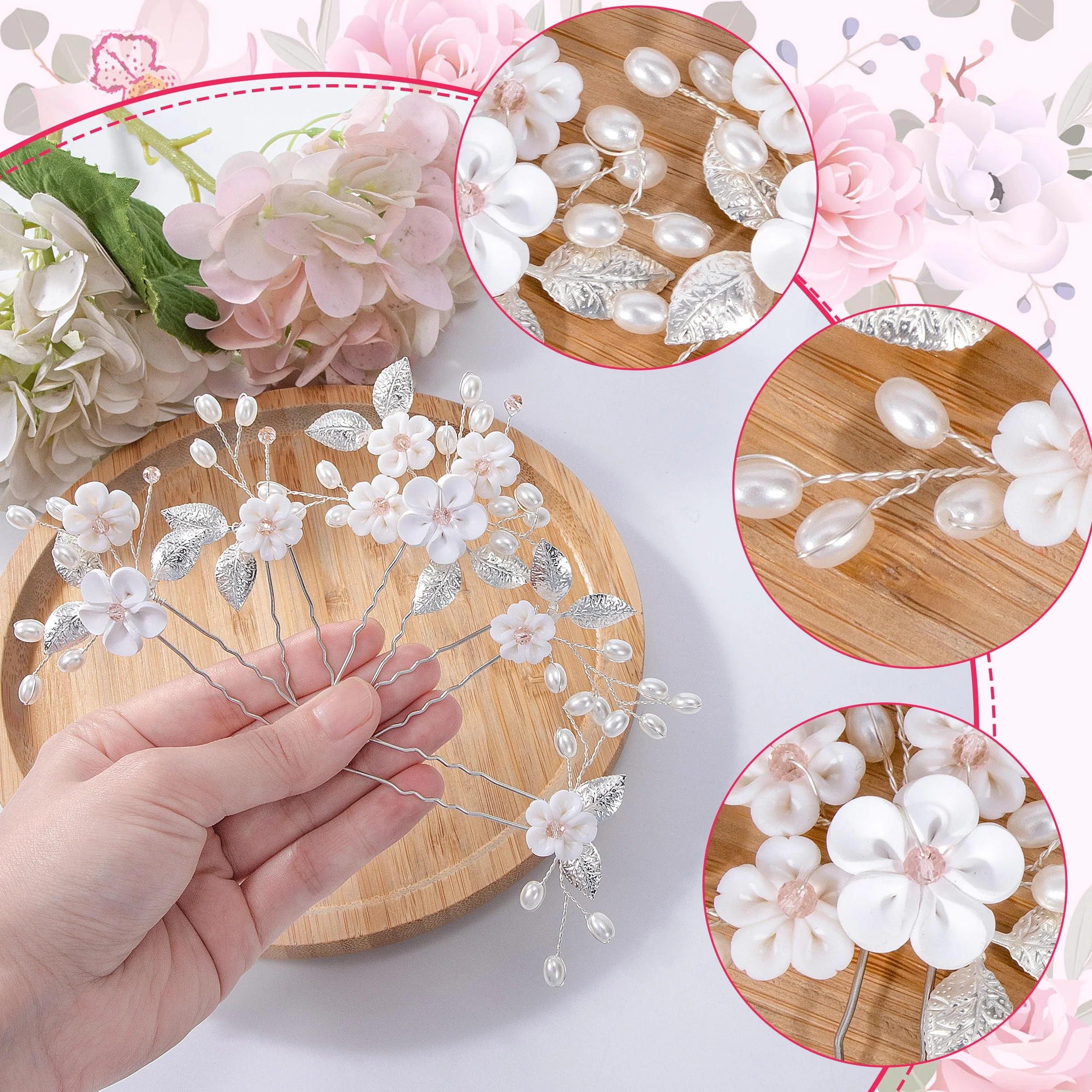 Fermagli per Capelli Fiori Perle Spille da Sposa Argento 5 Pezzi