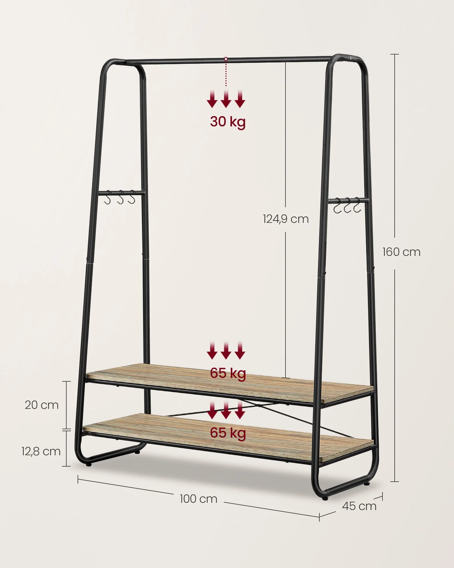 VASAGLE Stand Appendiabiti da Terra 45 x 100 x 160 cm Acciaio 6 Ganci Marrone Turchese Nero Opaco