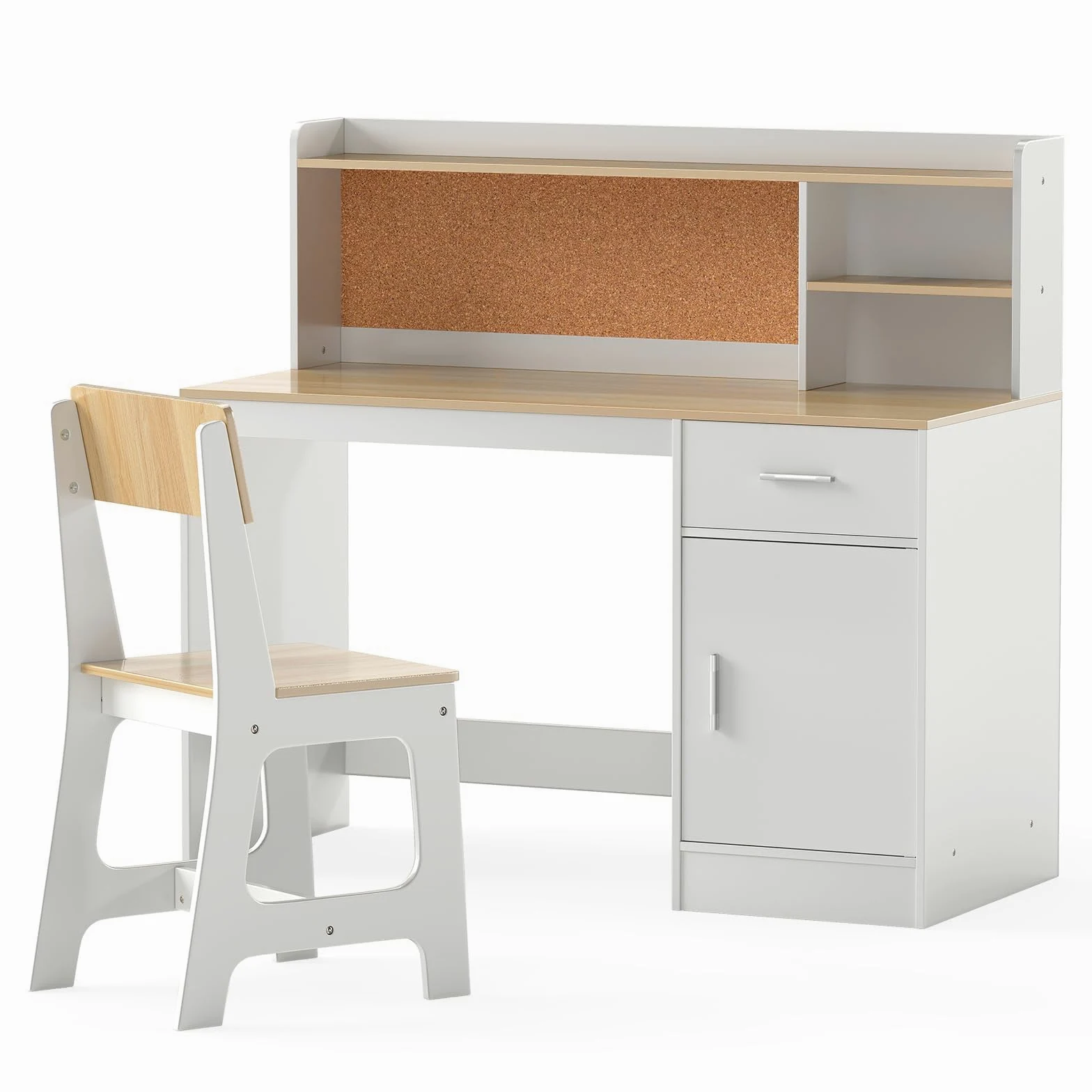 LIFEZEAL Scrivania e Sedia per Bambini, con Cassetto, Armadietto, Ripiano, Bacheca, Sedia con Schienale, Tavolino da Studio, Gioco, Banco Scuola per Ragazzi, in Legno, per Cameretta (naturale)