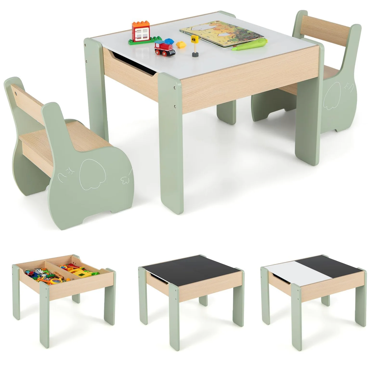 RELAX4LIFE 3 in 1 Tavolino Bambini, Set Tavolo per Bambini e 2 Sedie in Legno, Tavolino Legno con Piano a Doppia Faccia (Lavagna Bianco/Nero) per Giocare, Disegnare e Conservare, per Cameretta (Verde)