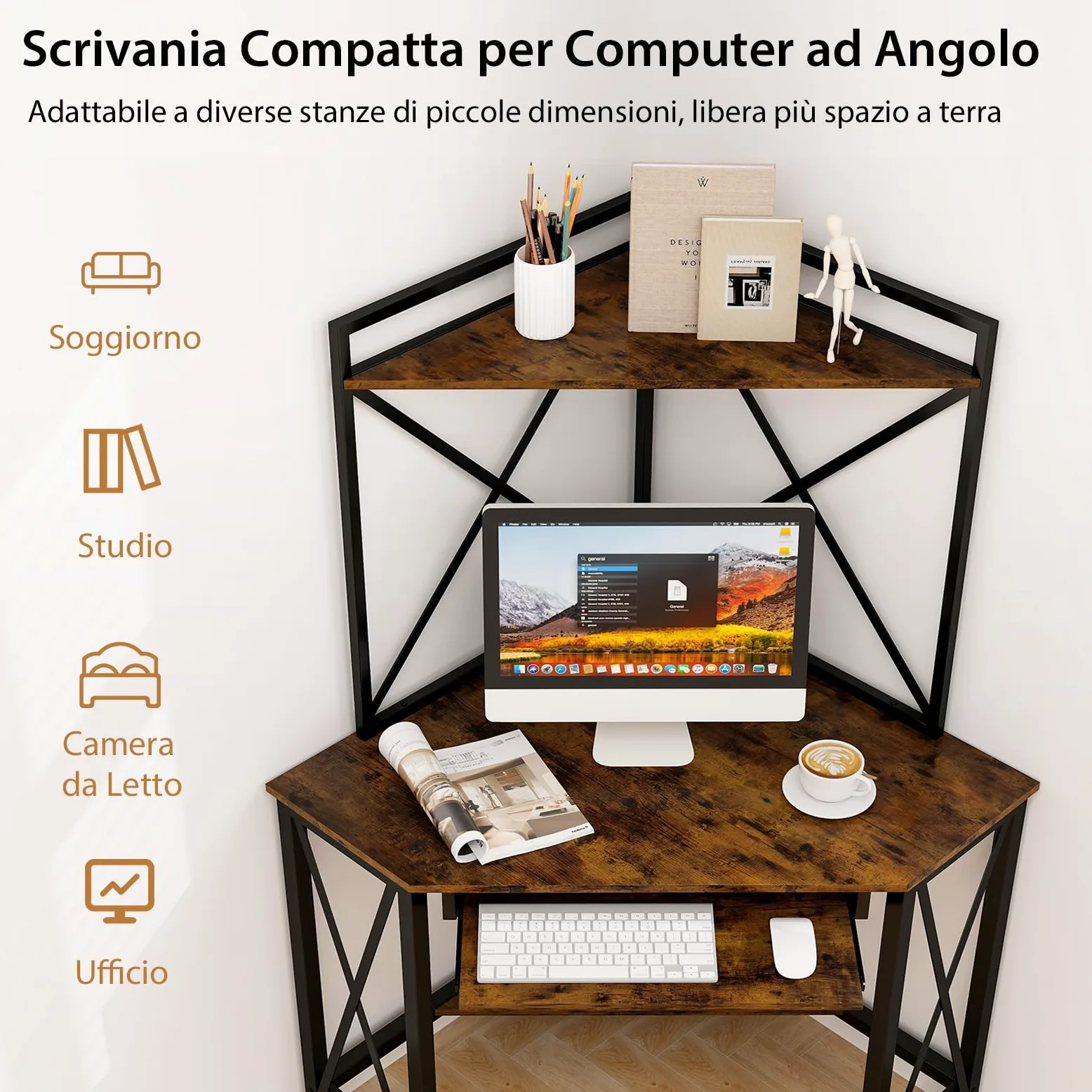 COSTWAY Scrivania Angolare con Prese, Scrivania ad Angolo con Ripiani, Porta Tastiera Estraibile e Struttura in Metallo, Scrivania Salvaspazio per Ufficio e Casa(marrone e nero)