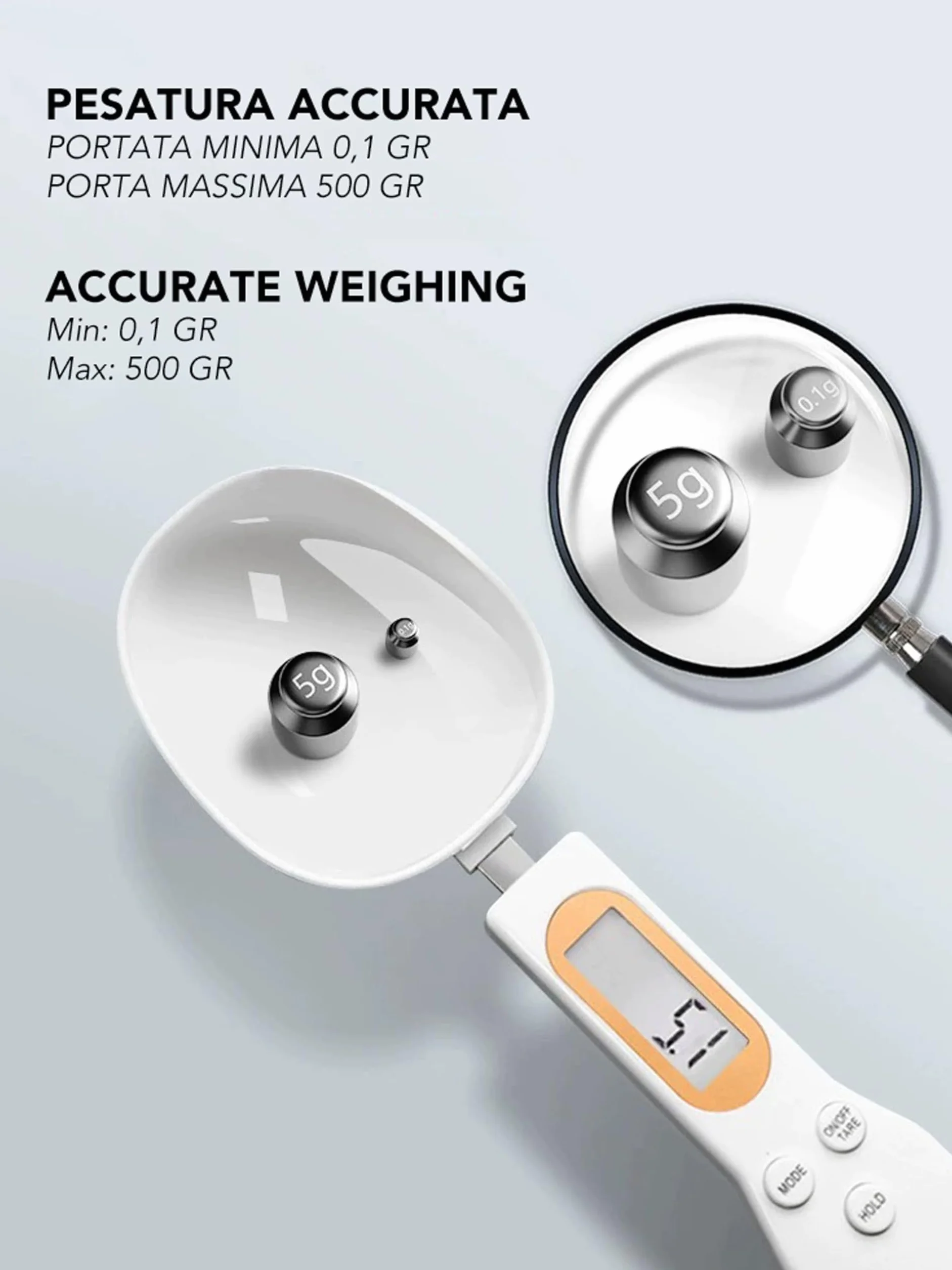 IPEA Cucchiaio Bilancia Digitale per Misurare Peso Alimenti in Cucina - Precisione da 1g a 500g - Bilancia Elettronica con Display - Dosatore per Pesare e Dosare Quantità Piccole di Cibo