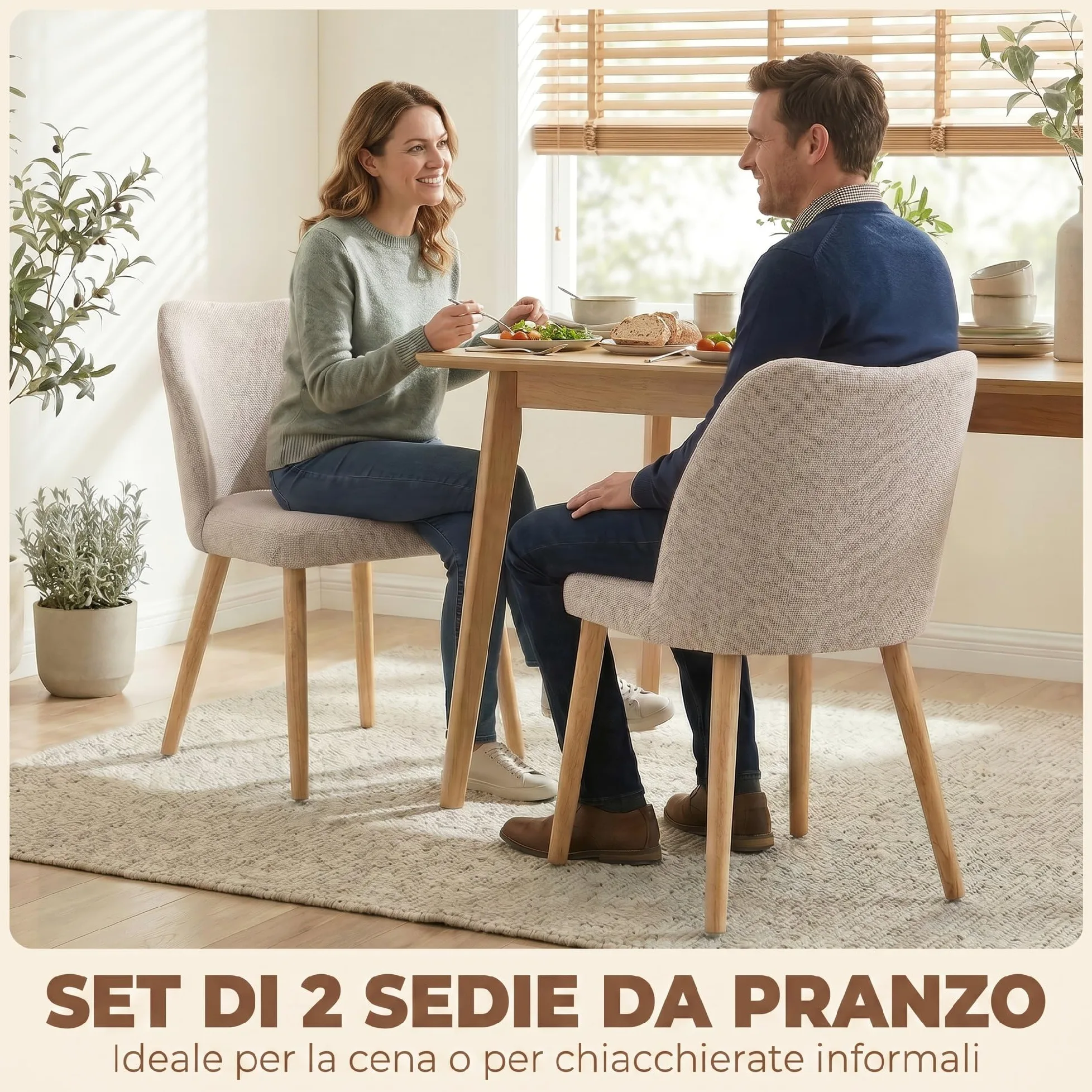 HOMCOM Set di 2 Sedie Sala da Pranzo in Tessuto Effetto Lino, Sedie Cucina Scandinave con Gambe in Legno di Caucciù, Schienale Curvo, Sedia Imbottita per Cucina, Camera da Letto, Soggiorno, Crema