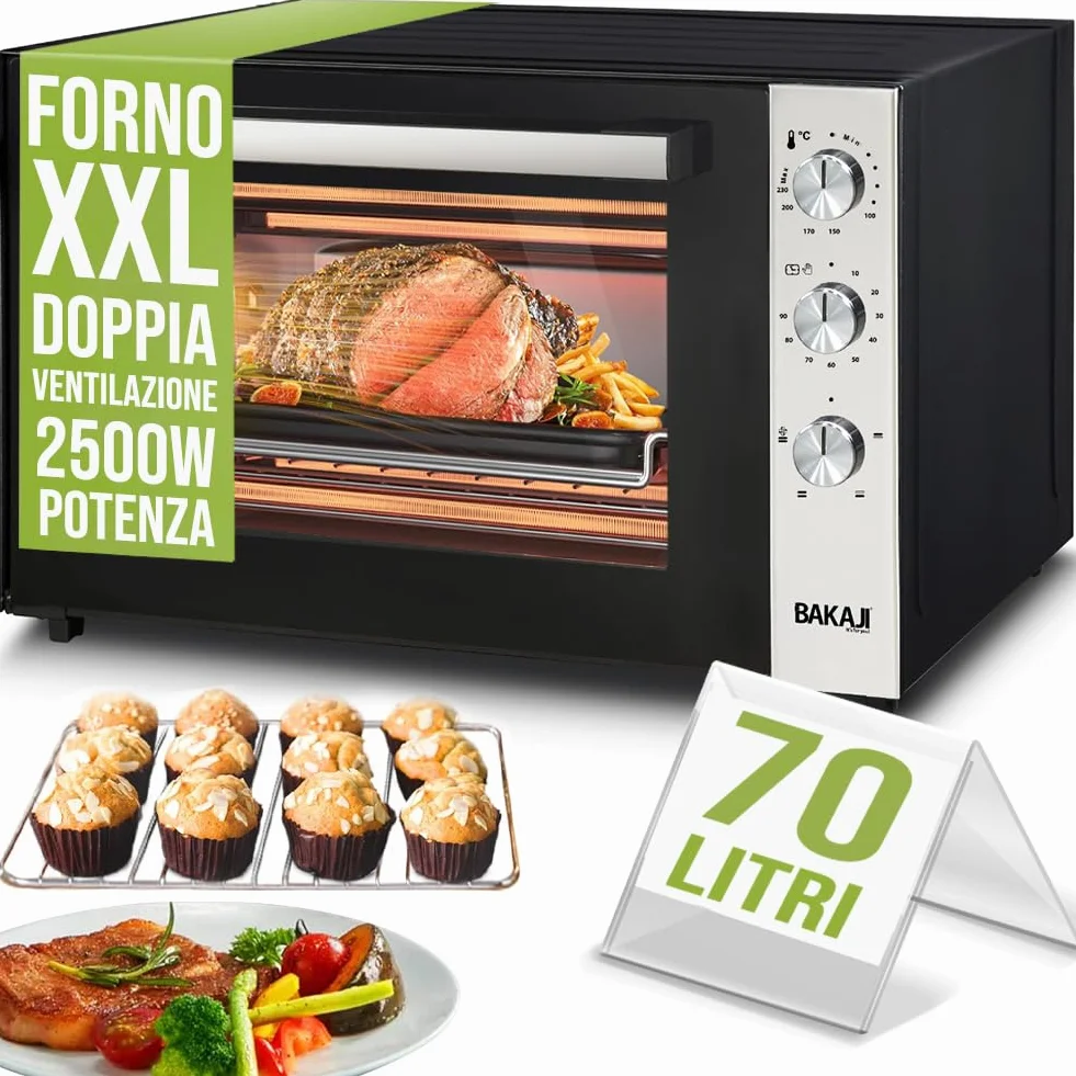 Forno Elettrico Ventilato 70 Litri 2500W Temperatura Regolabile 250° Acciaio Timer