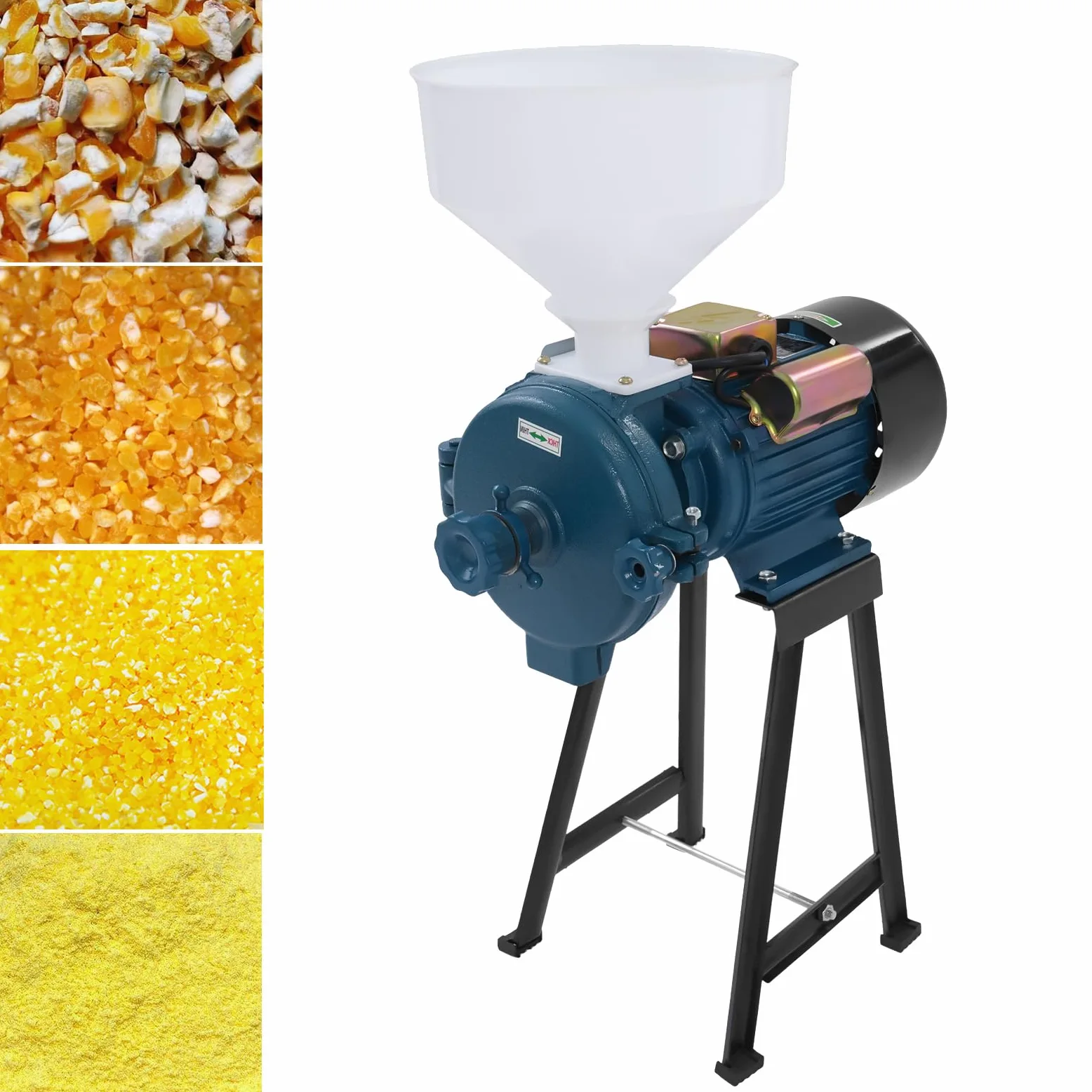 Mulino Elettrico Grano,Macina a Secco con Imbuto,Macinino Trituratore Smerigliatrice per cereali Commerciale Meccanico Elettrica può Riso Soia Sorgo e Mais 50-75kg/h(Blu)