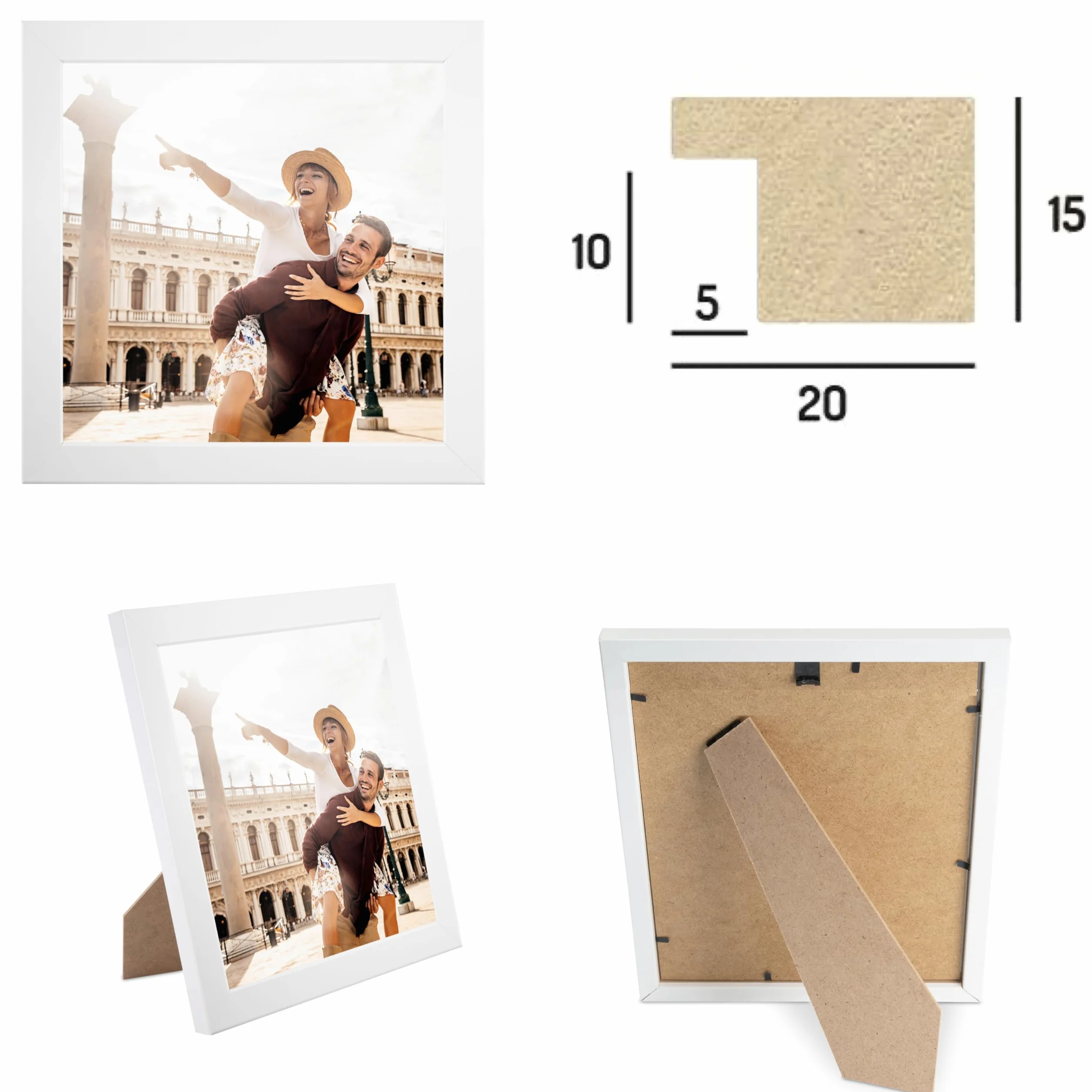 confezione doppia (set di 2) cornice 20x20 cm, bianca, robusta cornice in legno MDF, plexiglass infre