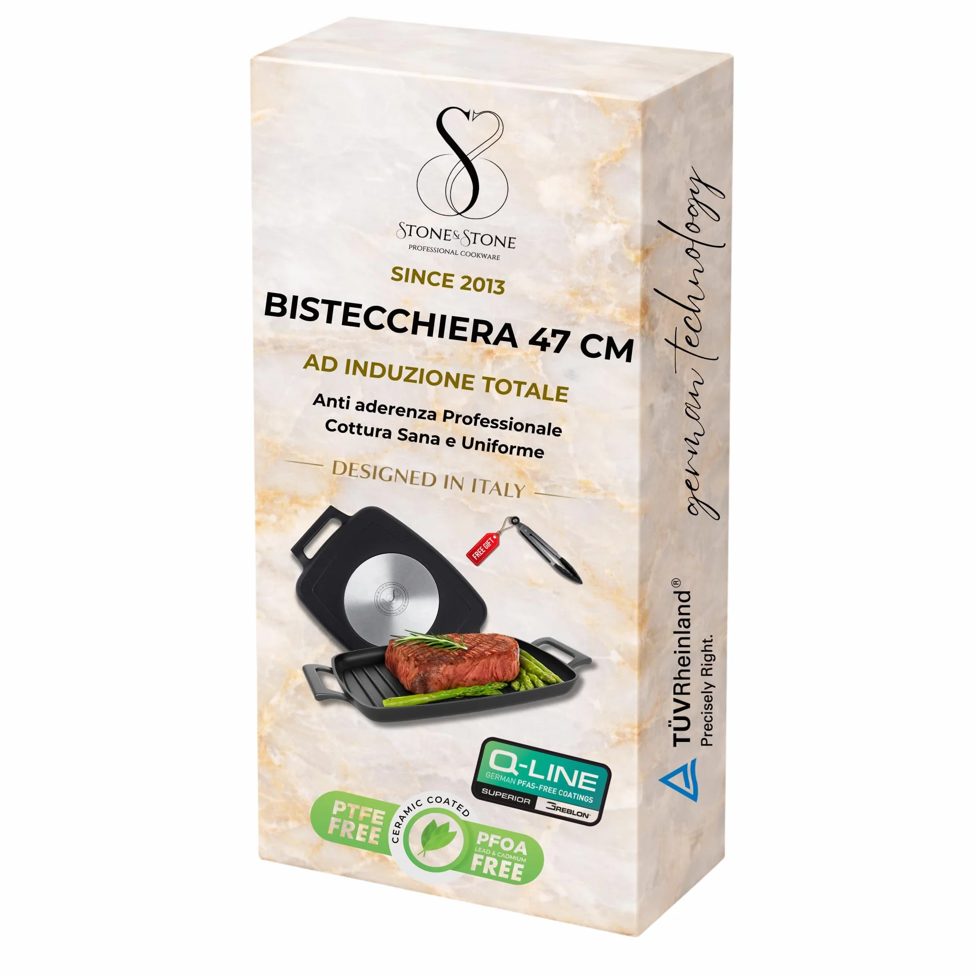 Stone&Stone Bistecchiera Induzione 47 cm Rettangolare, Piastra Grill Antiaderente Ceramico Tedesco, Fondo Acciaio Pieno, Senza PFAS PFOA PTFE