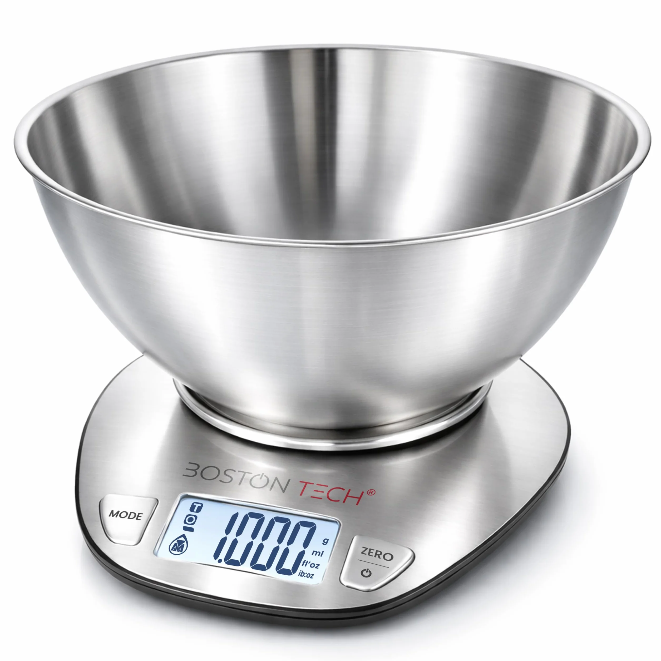 Boston Tech Bilancia Cucina Digitale con Ciotola Rimovibile in Acciaio Inox, Bilancia da Cucina 5 kg/1 g, Display LCD Retroilluminato, Funzione Tara, Batterie Incluse e Ricettario QR
