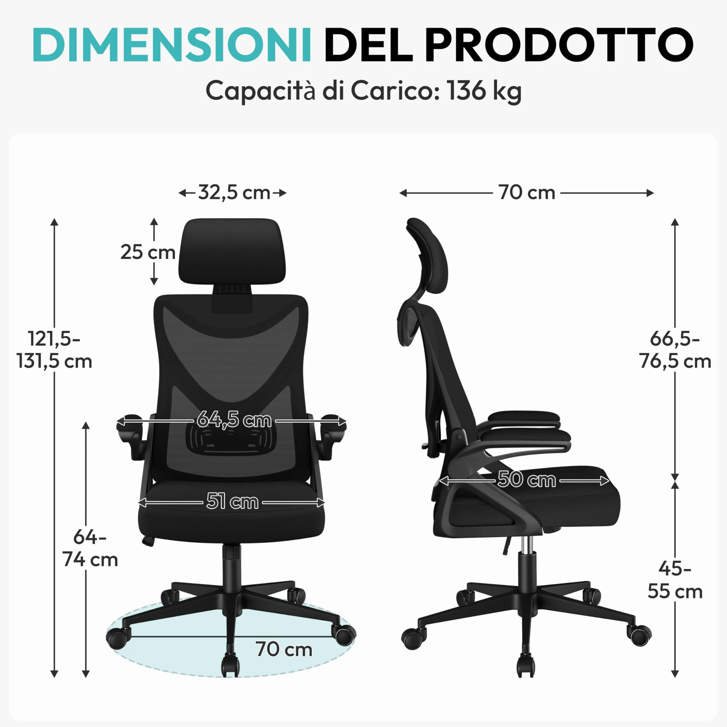Yaheetech Sedia Ufficio Ergonomica con Braccioli Poggiatesta Regolabile Schienale Alto Funzione Dondolo Poltrona Scrivania Girevole in Rete Traspirante con Supporto Lombare Nera