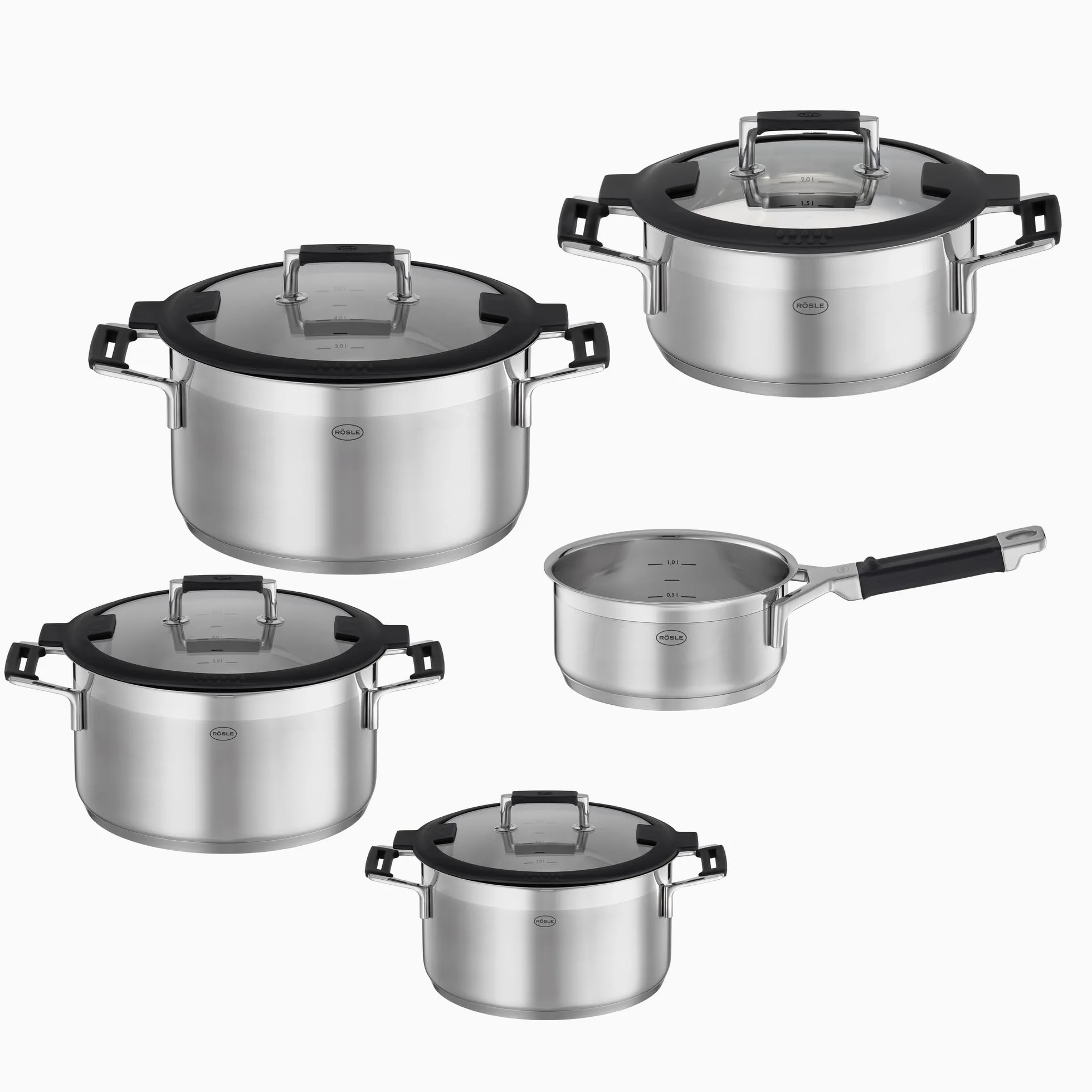 RÖSLE SILENCE PRO Batteria di pentole, 5 pezzi, pentole universali di ottima qualità, 4 pentole e 1 casseruola