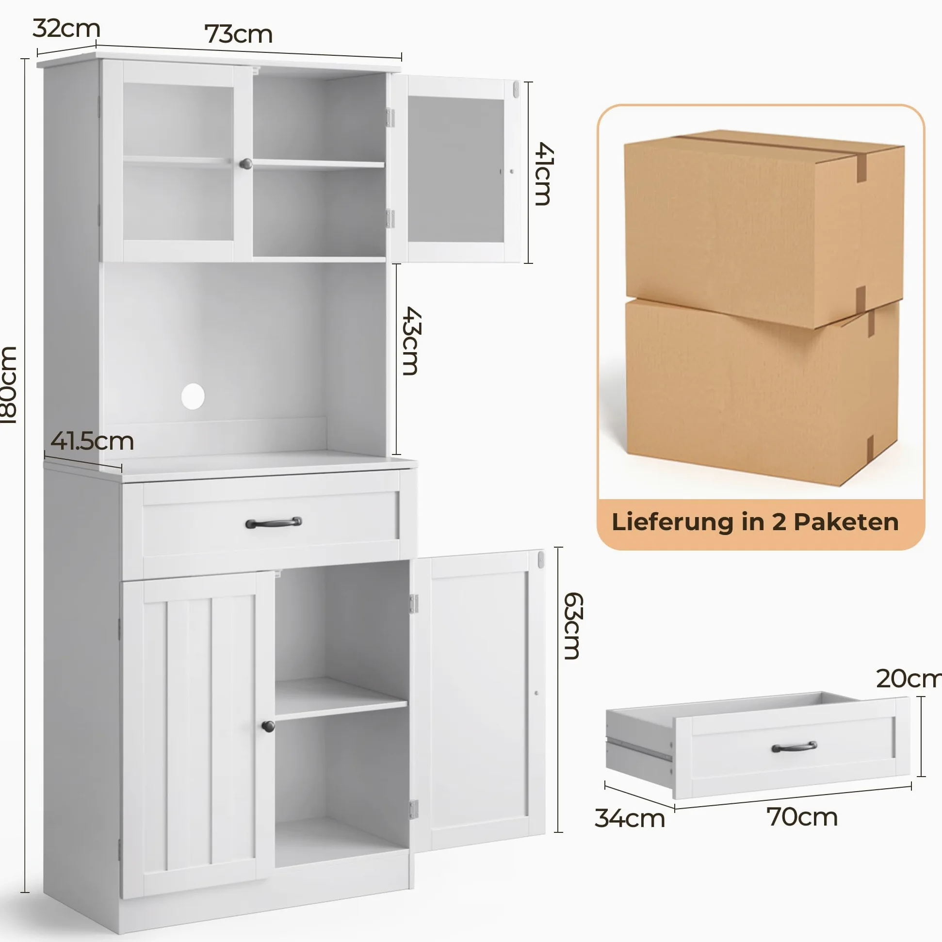 Credenza Cucina Alta,Mobile Dispensa Cucina,Armadio Buffet con 4 Ante e 1 Cassetti,con Ripiani Regolabili Scaffale per Microonde,73 x 40 x 180CM, Bianco
