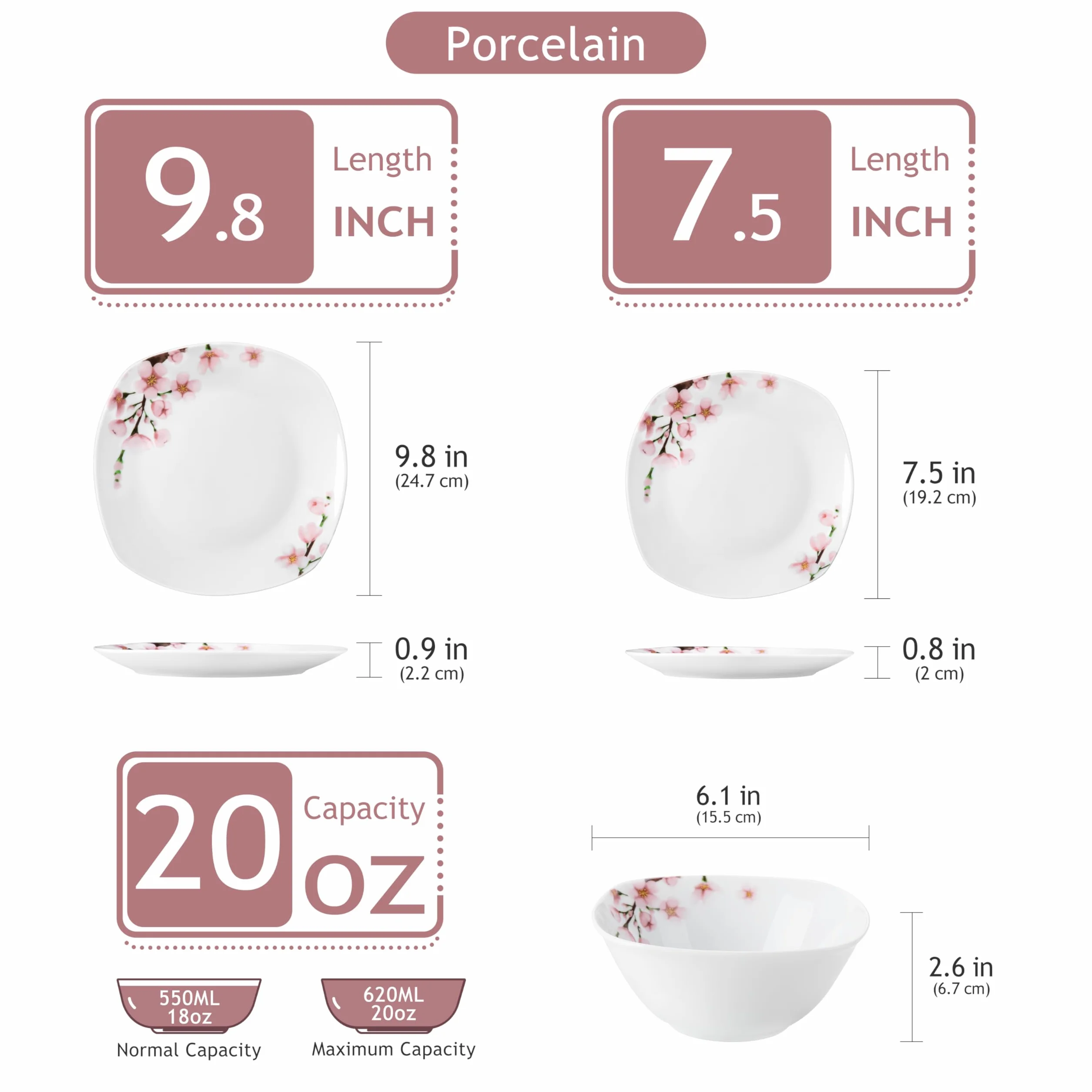 VEWEET Set di Stoviglie in Porcellana per 4 Persone - 12 Pezzi Con Motivo Floreale Rosa, Include Piatti Piani, da Dessert e Ciotole per Cereali