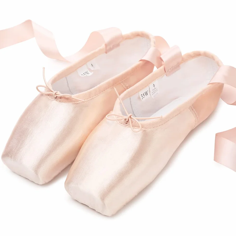 Scarpe da Danza Punta Classica Rosa con Nastro e Puntali per Donna