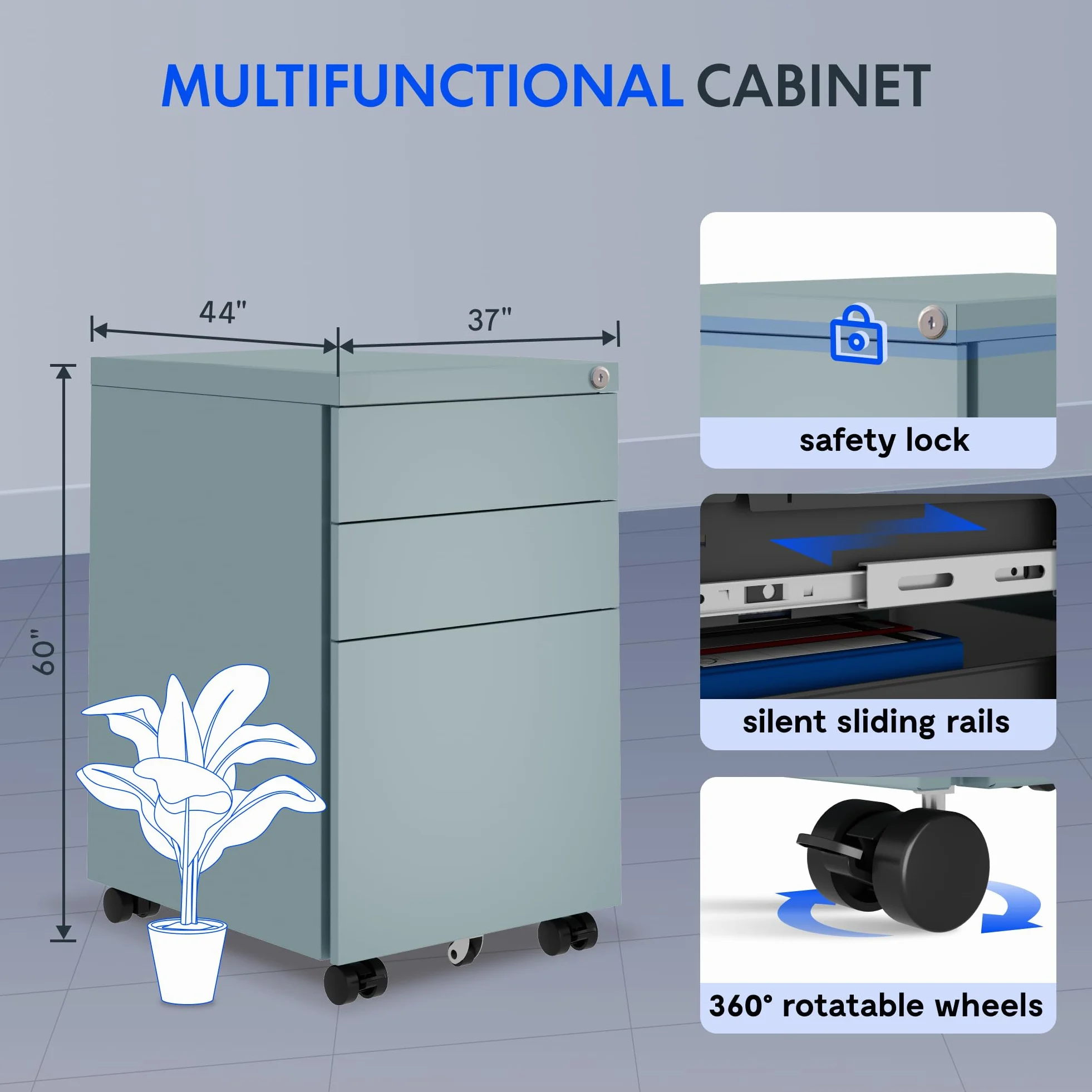FLEXISPOT schedario con 3 cassetti, cassettiera da ufficio con ruote, armadietto con serratura e sistema anti-ribaltamento, mobiletto porta documenti per casa e ufficio, grigio blu