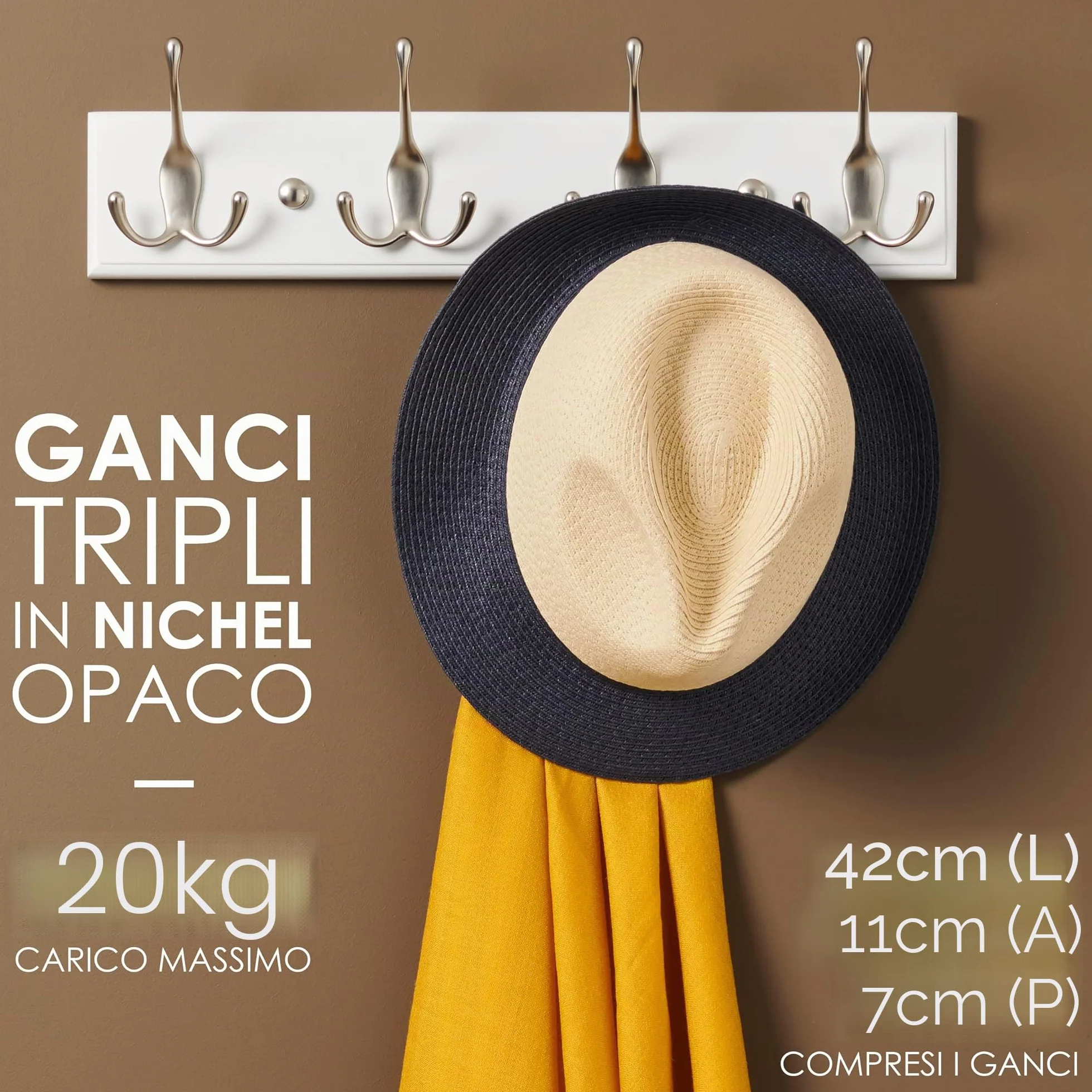 LARHN Appendiabiti da Parete Bianco 42 cm 4 Ganci Tripli Legno Moderno