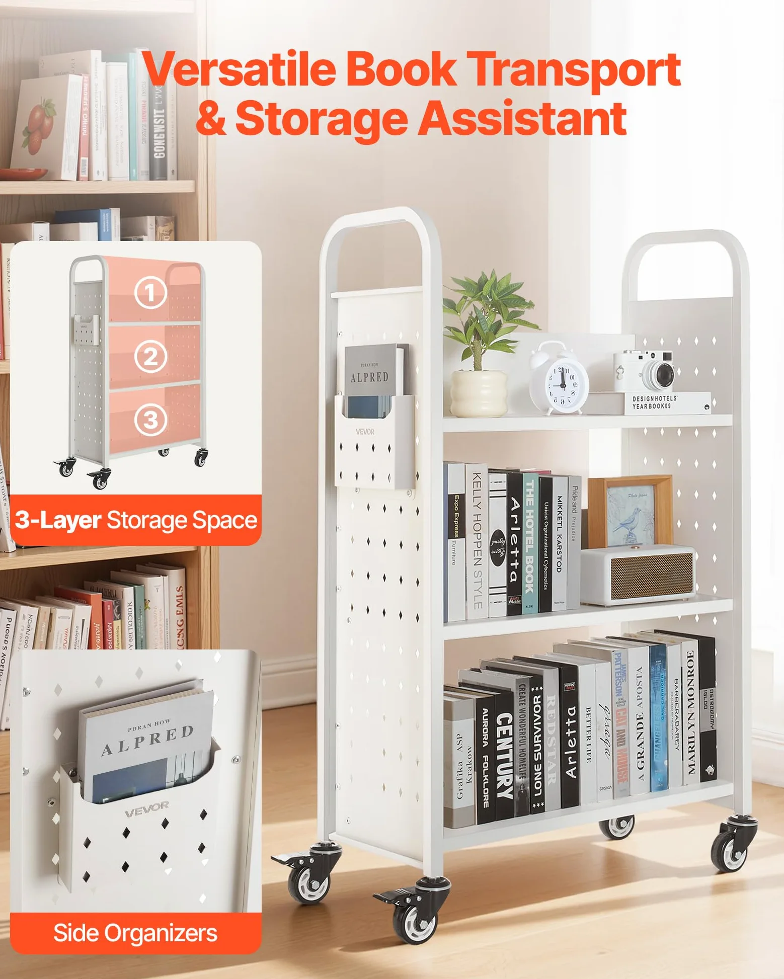 VEVOR Carrello Portalibri con Ruote 770 x 380 x 1220 mm Carrello Rotante Porta Libri, Carico 150 kg Ripiani a L Monofacciali con Ruote Bloccabili 7,6 cm per Scaffali di Casa, Ufficio e Scuola, Bianco