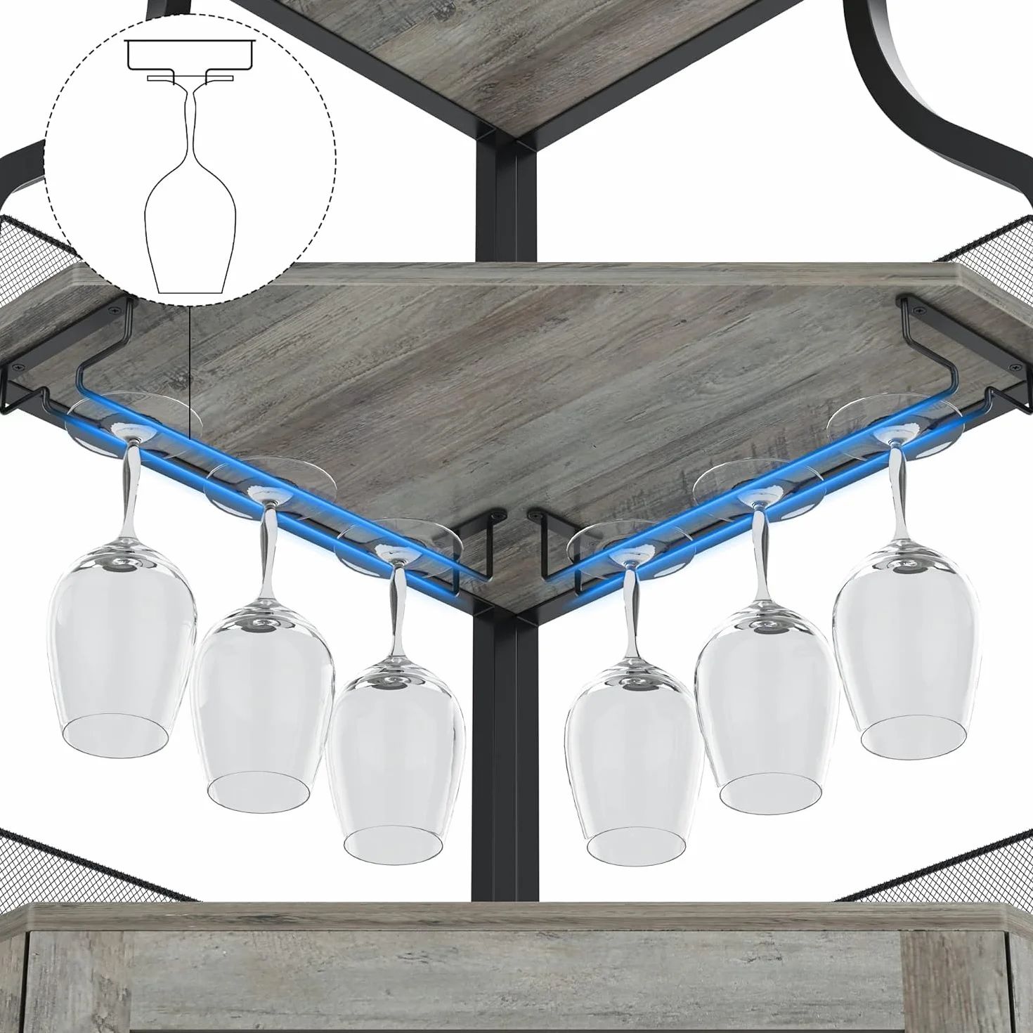 Armadietto angolare in legno con 2 supporti in vetro, armadio ad angolo con ante in metallo e 4 ripiani, cucina con superficie di lavoro, mobili da bar per ingresso, soggiorno, cucina (152 x 90 x 32