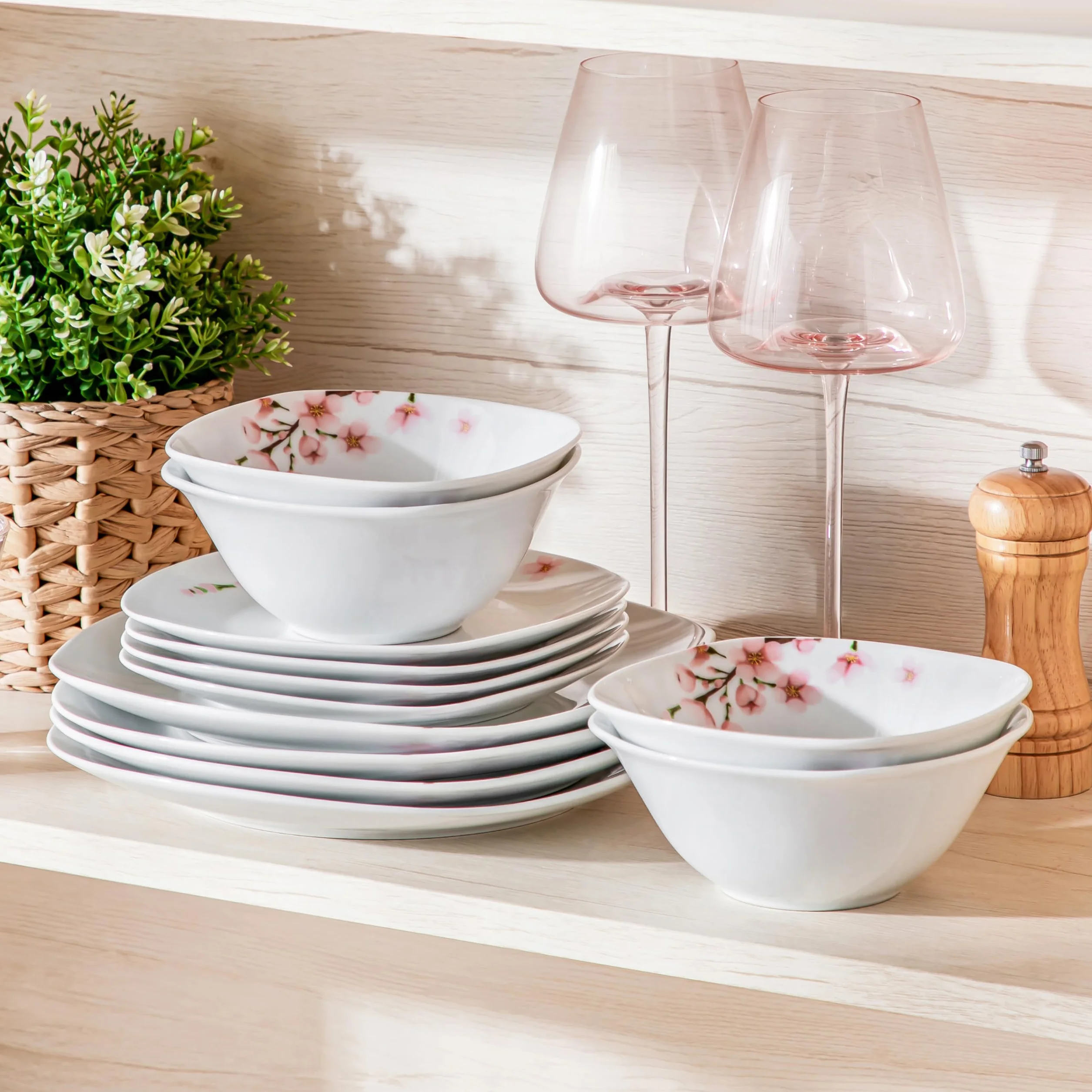 VEWEET Set di Stoviglie in Porcellana per 4 Persone - 12 Pezzi Con Motivo Floreale Rosa, Include Piatti Piani, da Dessert e Ciotole per Cereali