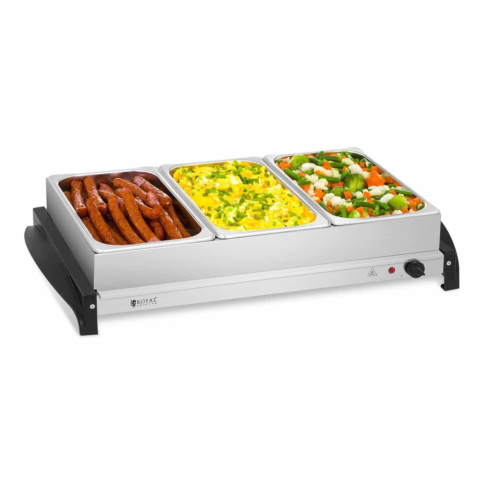 Royal Catering RCHP-400/3 Scaldavivande Elettrico Piano Caldo per Buffet (3 x 2 L, 400 W, 52,5 x 35,5 cm, Temperatura 45–85 °C, Acciaio Inox, Vetro Acrilico)