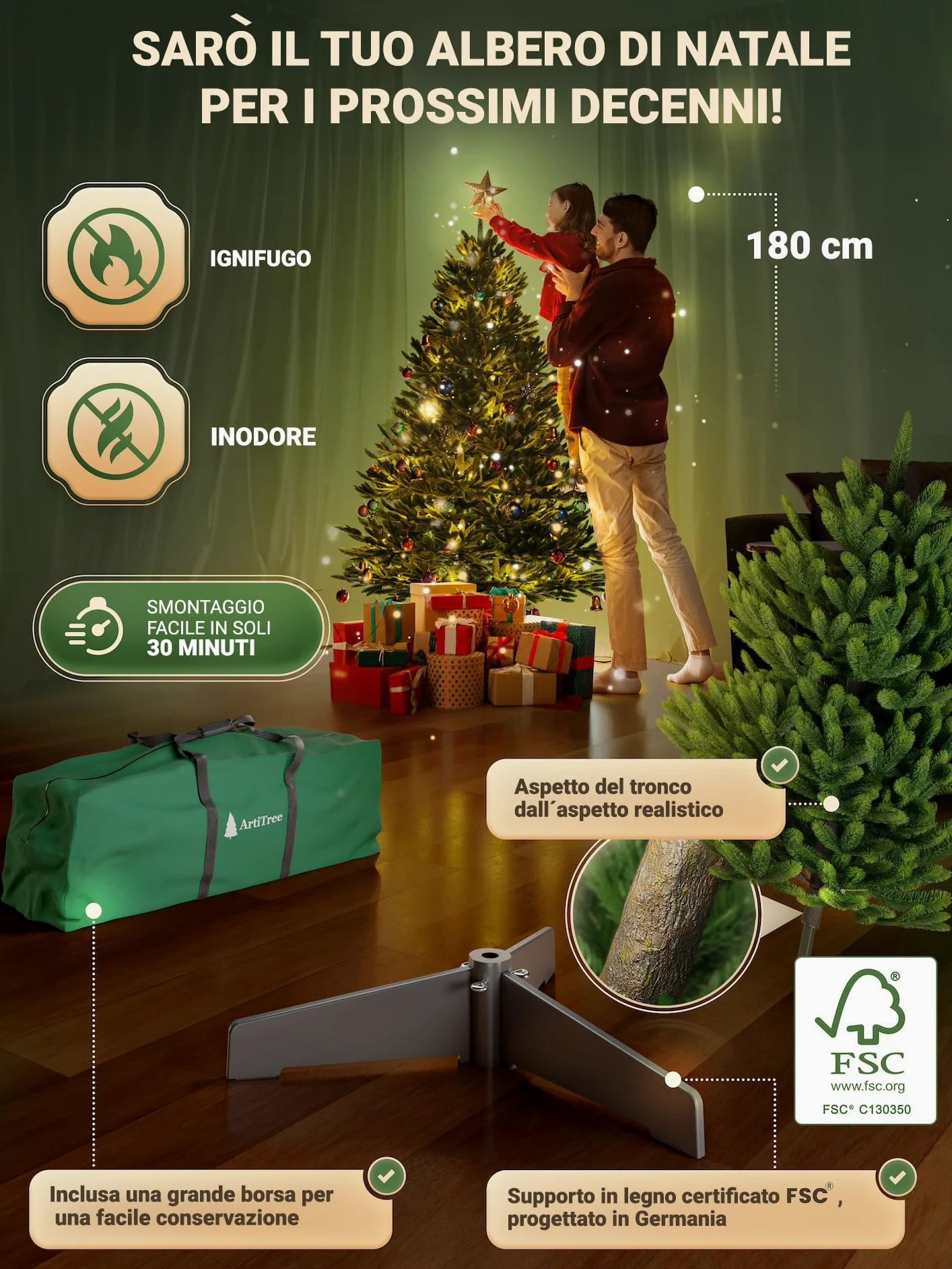 Albero di Natale artificiale [100% stampato a iniezione] - Nordman realistico con cima robusta | christmas tree di prima qualità con supporto in legno certificato FSC (180 cm, Senza illuminazione)