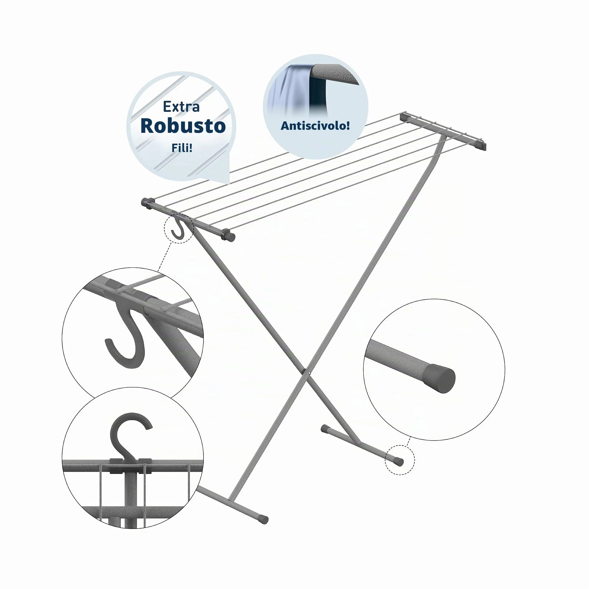 Rörets Stendibiancheria da Balcone Compact Space Grey - Modello Salvaspazio Allungabile in Alluminio e Plastica con Gancio, Piedini Antiscivolo e 5,5 m di Filo - 90 x 32 x 83 cm