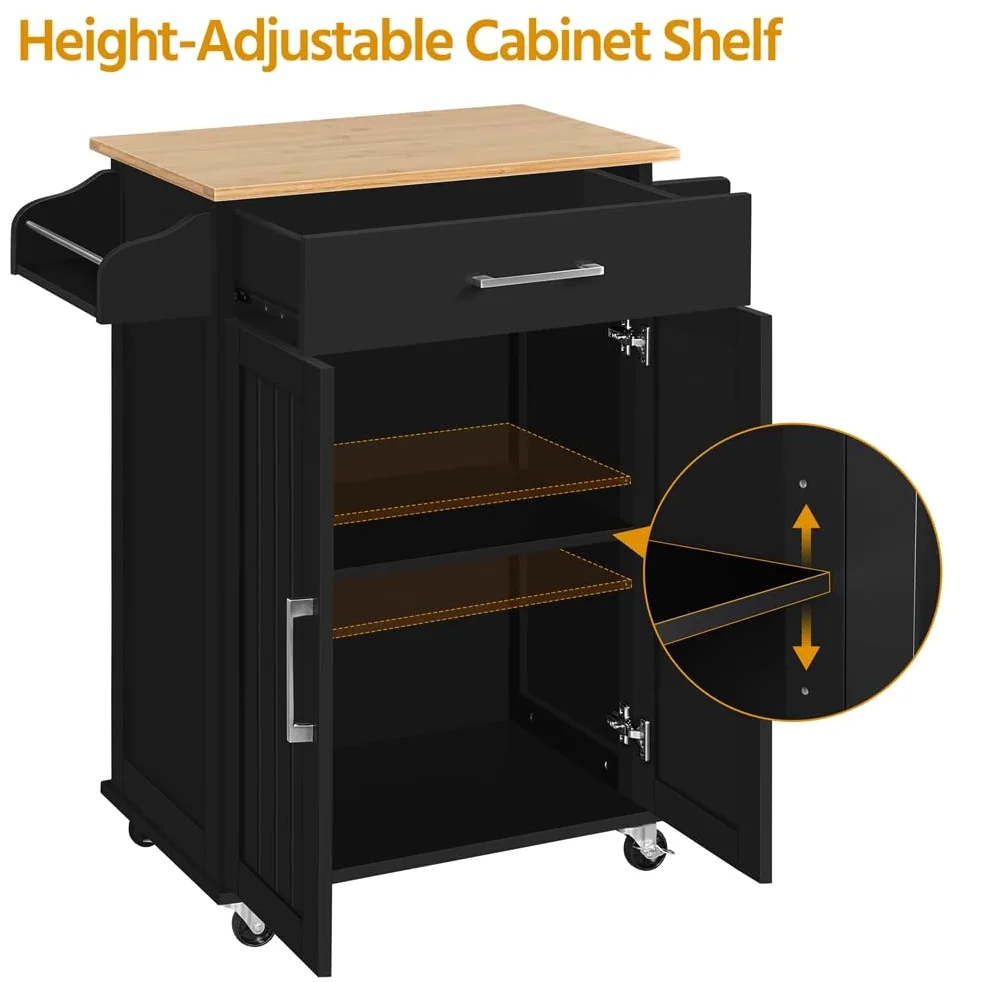 Yaheetech Carrello da Cucina con Ruote Cassetto a 2 Ante Piano di Lavoro Carrellino Salvaspazio con Portasciugamani e Portaspezie Moderno Porta Microonde 91,5 x 66 x 45,5 cm Nero
