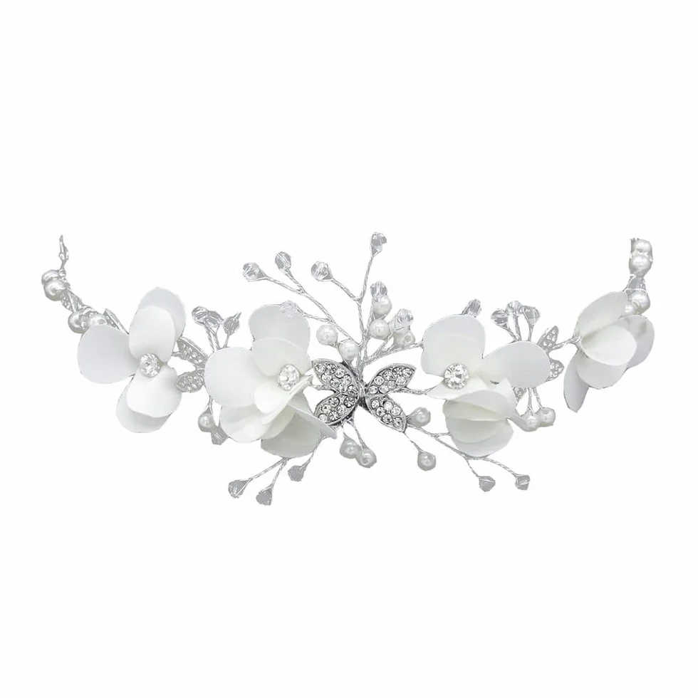 VIKSAUN Coroncina da principessa in cristallo Fascia per capelli da fiore bianco Accessori per capelli con perle di strass