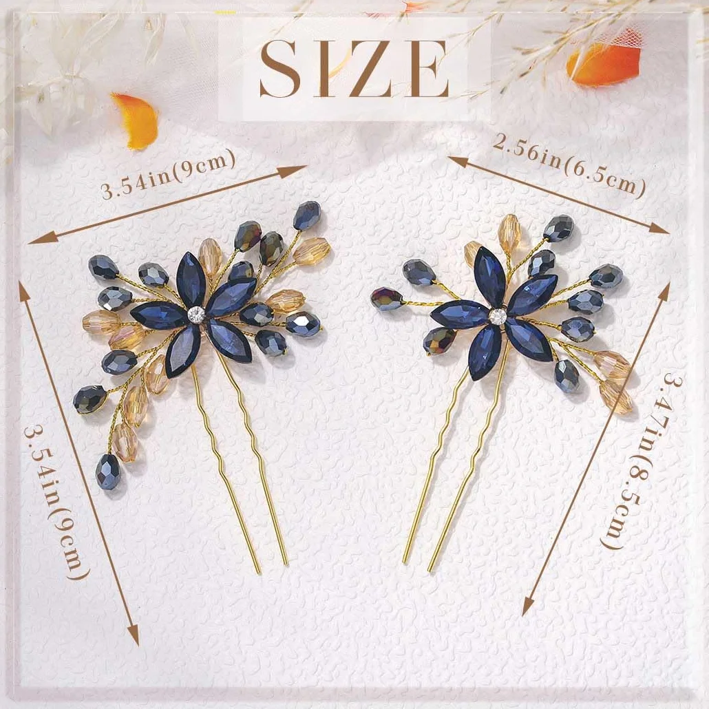 Strass Matrimonio Fermagli Capelli Blu Marina Fiore Cristallo Barocco Damigella D'onore Prom Accessori Donne Confezione da 2
