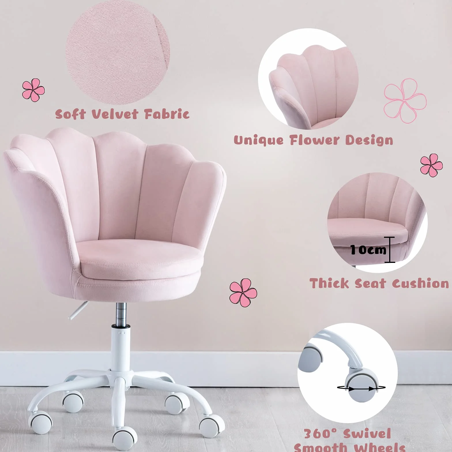 Wahson Sedia da Scrivania per Bambini Poltrona Girevole in Velluto Regolabile in Altezza Sedia da Studio per Cameretta Ragazza (Rosa Chairo)