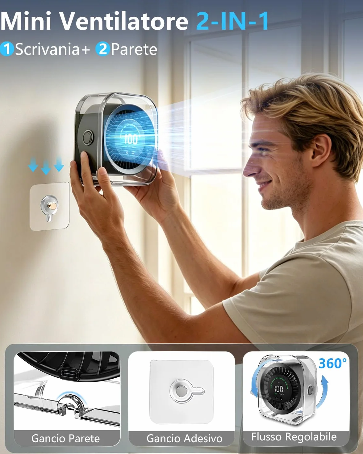 Ventilatore da Tavolo Silenzioso, Ventilatore Scrivania 4000mAh con Regolazione Continuo 1-100, Display LED e Rotazione 360°, Autonomia 17 Ore per Concentrazione Totale in Ufficio, Lavoro e Studio