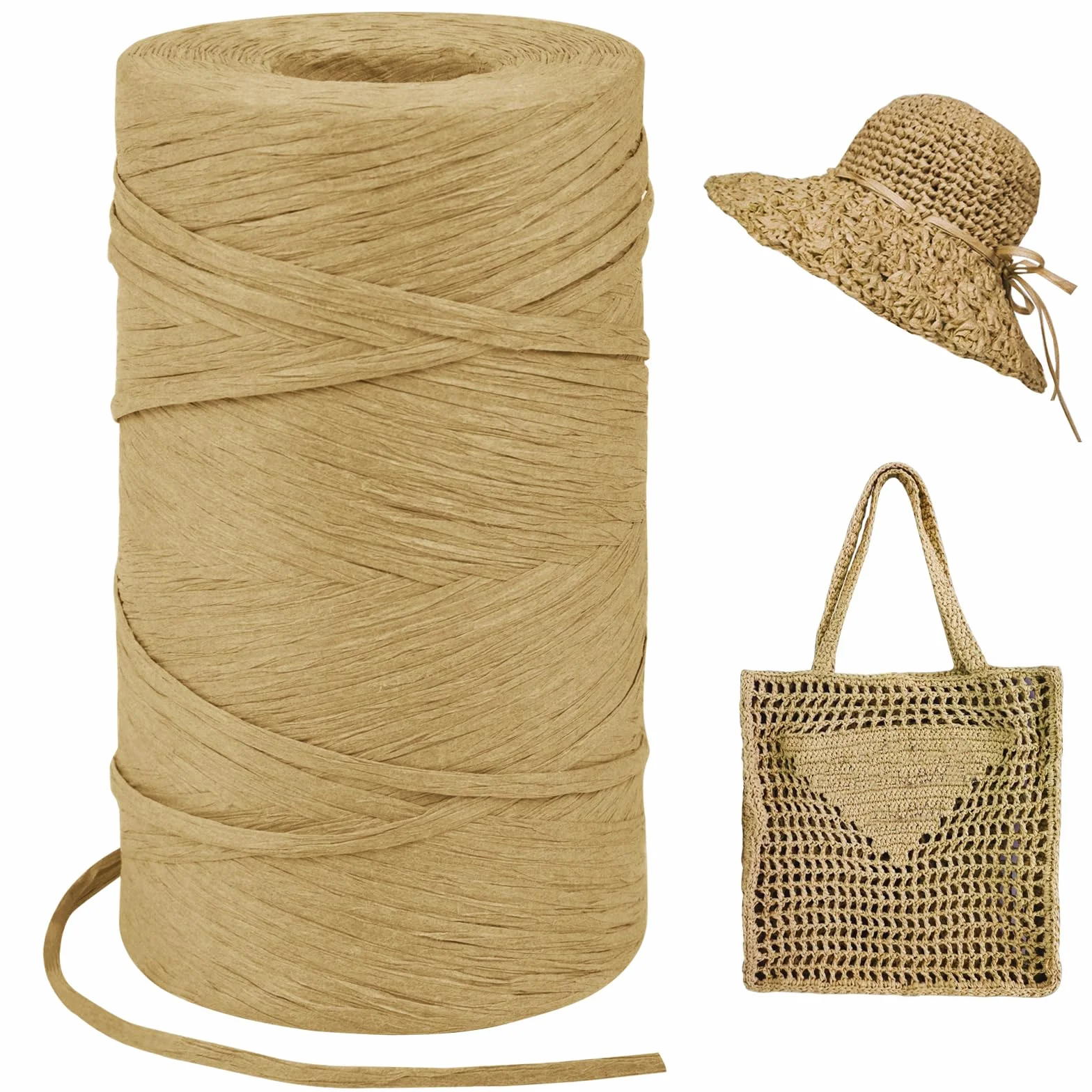 Rafia per Uncinetto 3mm x 300m, Cordino per Borse, Nastro Regalo Naturale, Filato per Cappello