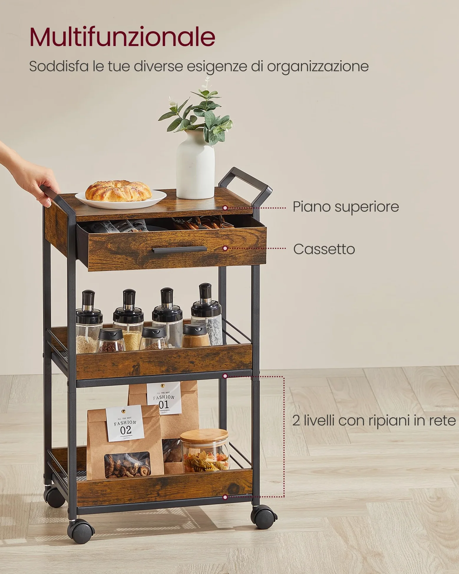 VASAGLE Carrello Portaoggetti a 3 Livelli con Ruote, Cassetto | Carrello di Servizio, Acciaio, Truciolato, con Freno, per Cucina, Bagno, Marrone Vintage e Nero, Collezione DACEY LRC048K01