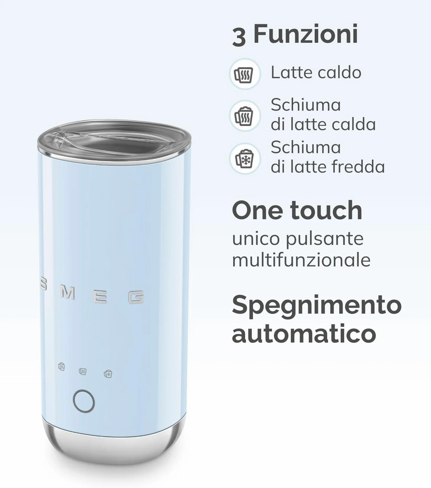 Smeg, Montalatte Elettrico MFF02WHEU, 3 Funzioni Bevanda, Frusta Removibile, Rivestimento Ceramico Antiaderente, 500 W, Bianco