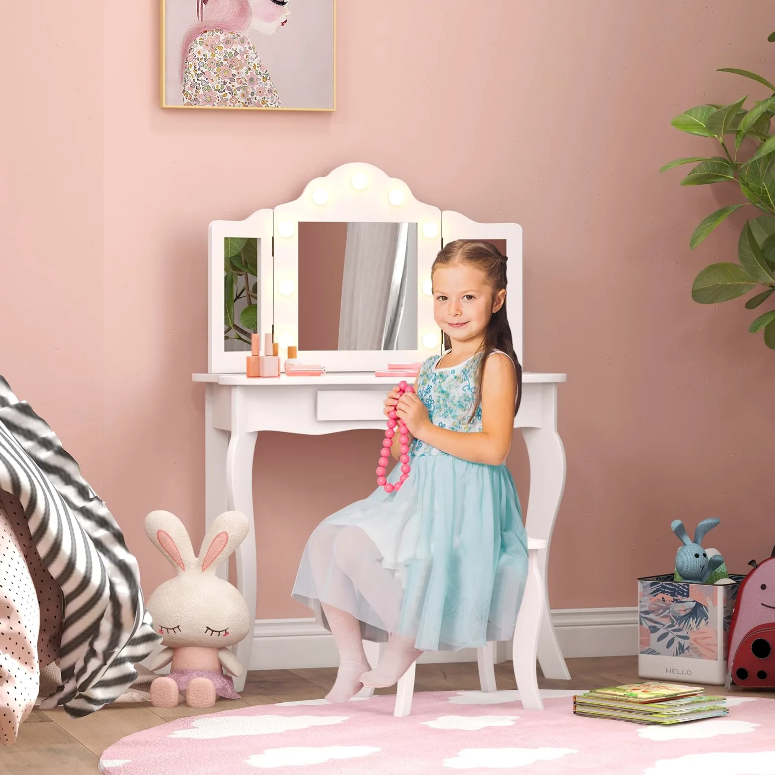 LIFEZEAL toeletta 2 in 1 per bambini con sgabello e cassetto, tavolo da trucco BIMBI con triplo specchio e 9 luci a LED in 3 modalità, antiribaltamento per Ragazzi dai 3 anni in su (Bianco)